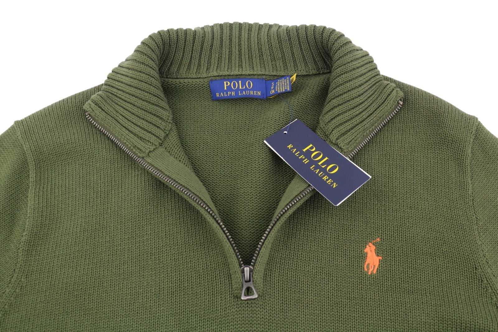 RALPH LAUREN Classics New Olive vyriškas megztinis S su puse užtrauktuko kaklu, tamprus megztinis 