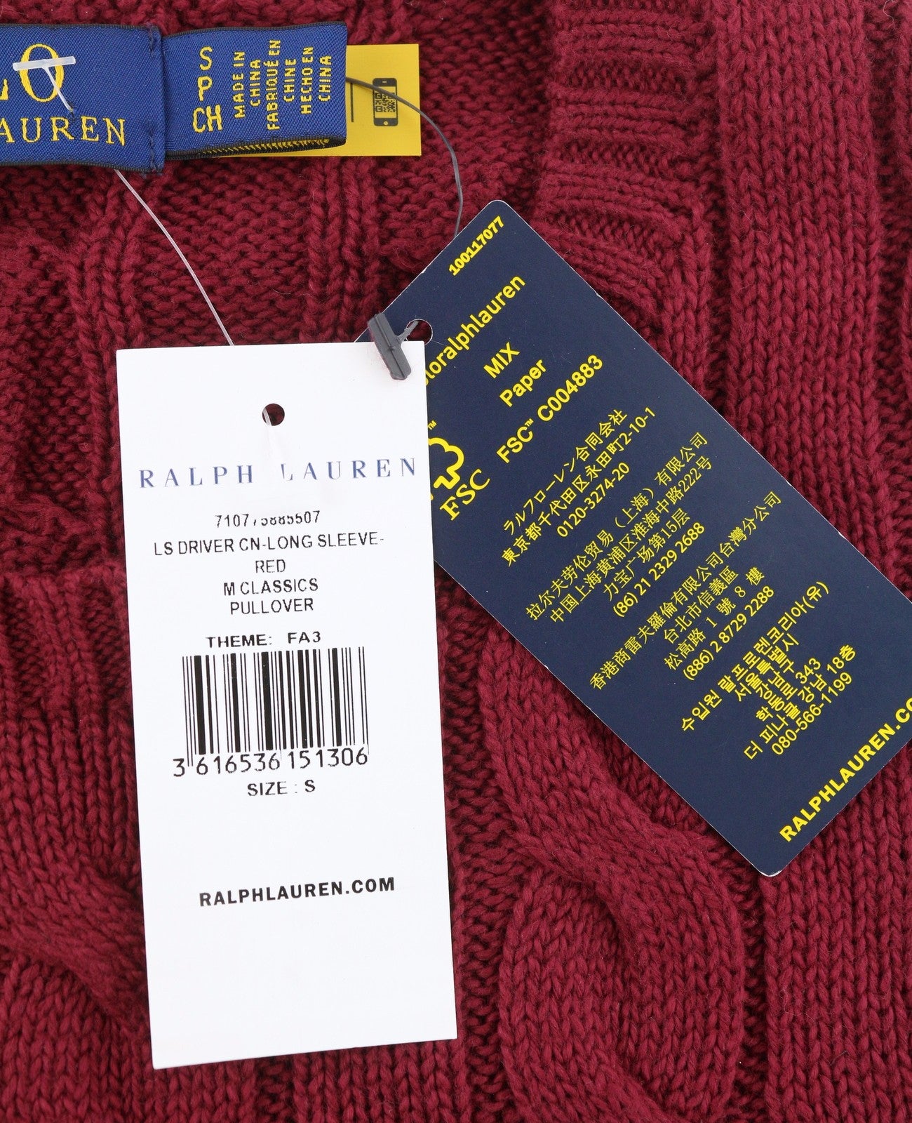 RALPH LAUREN Driver Cn ilgomis rankovėmis raudonas vyriškas megztinis S dydžio bordo spalvos RRP214 