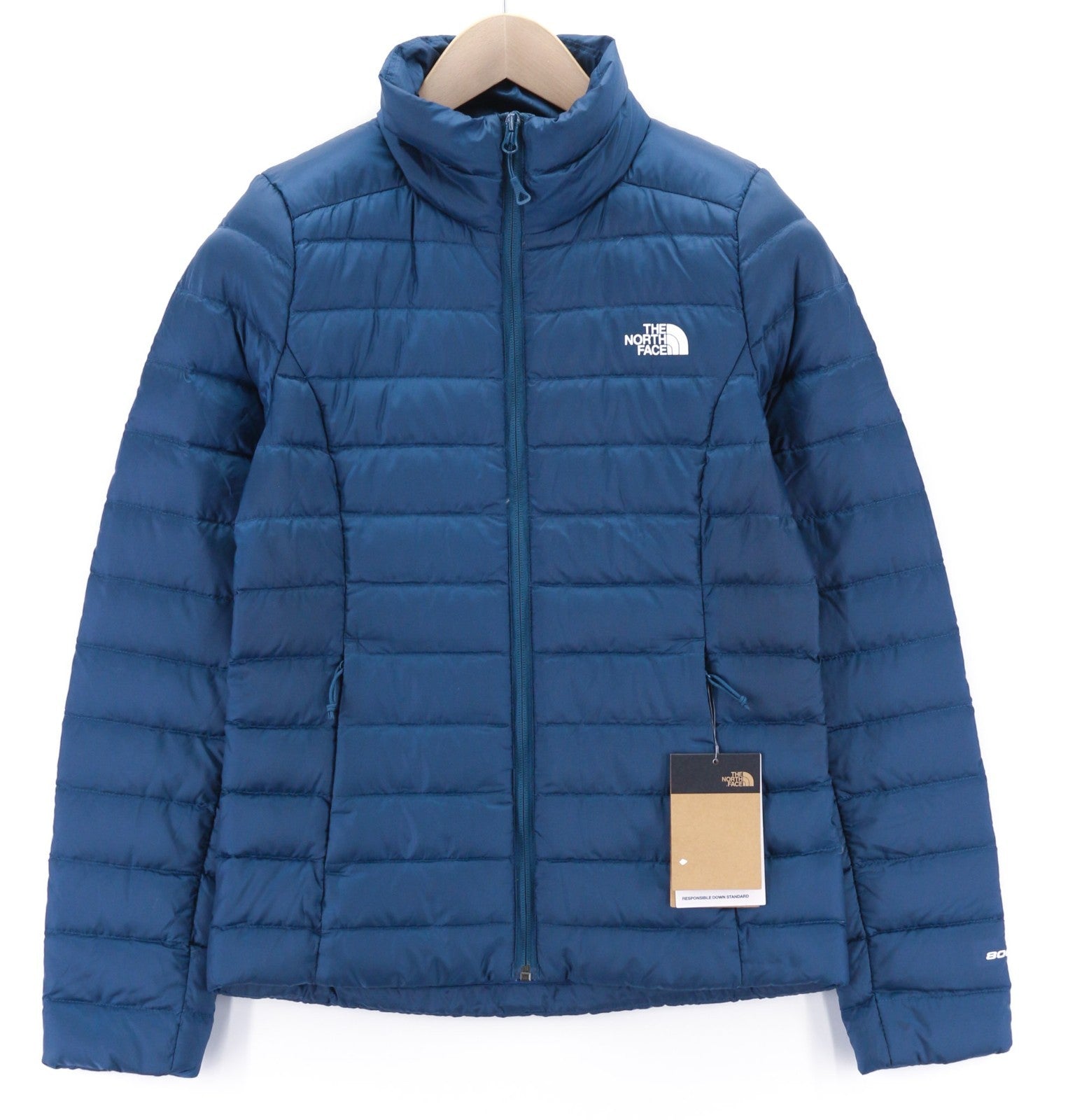 THE NORTH FACE NF0A4SVN moteriška XS dydžio 800 fillų mėlyna pūkinė striukė su pamušalu ir aukšta apykakle 