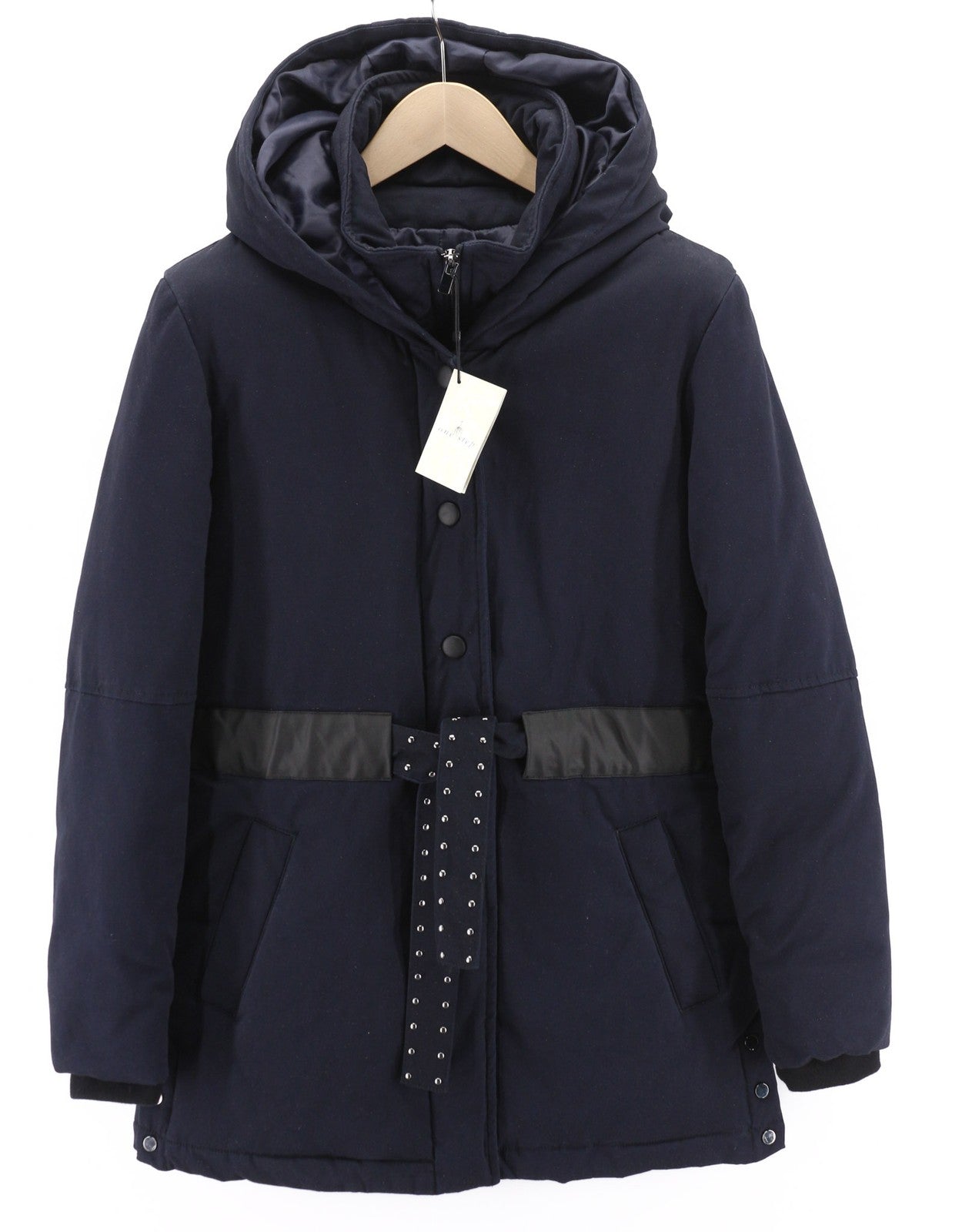 ONE STEP Dora moteriška striukė XS su diržu, gobtuvu, vidutinio ilgio, tamsiai mėlyna 