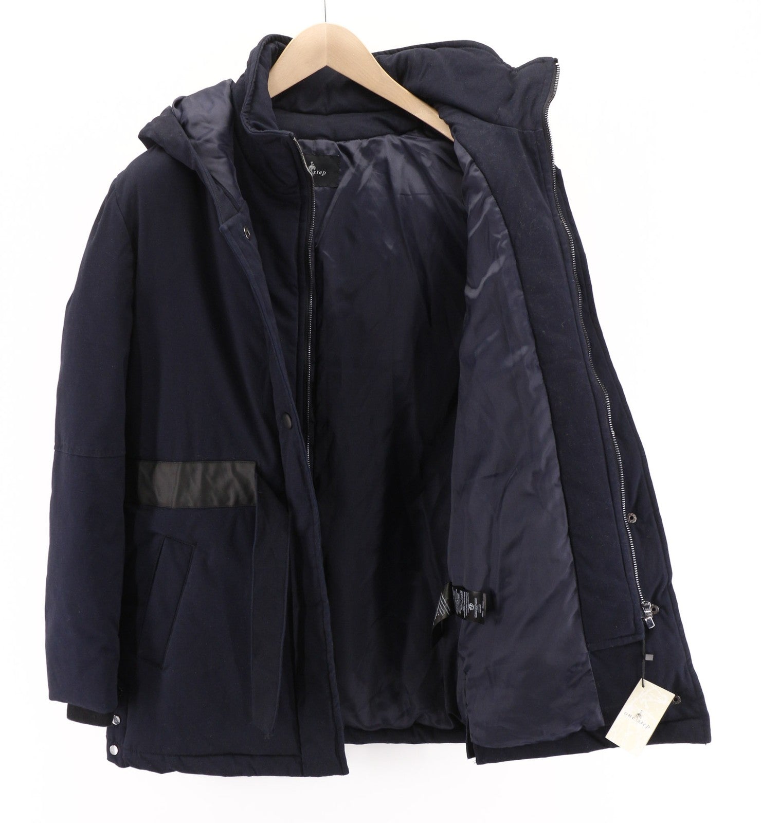 ONE STEP Dora moteriška striukė XS su diržu, gobtuvu, vidutinio ilgio, tamsiai mėlyna 