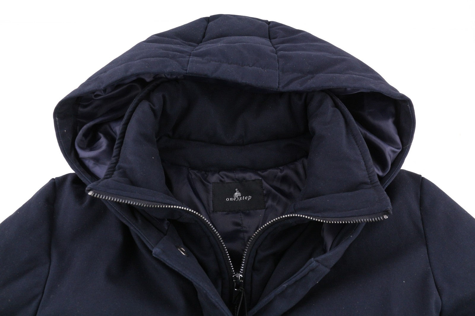 ONE STEP Dora moteriška striukė XS su diržu, gobtuvu, vidutinio ilgio, tamsiai mėlyna 