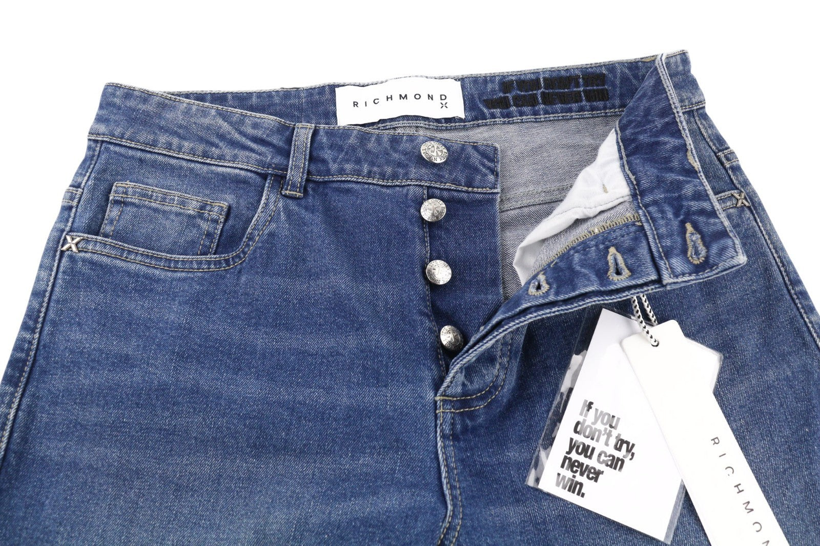 JOHN RICHMOND Riven Men's Jeans W34 Slim Fit Blue Denim Buttoned Washed Logo