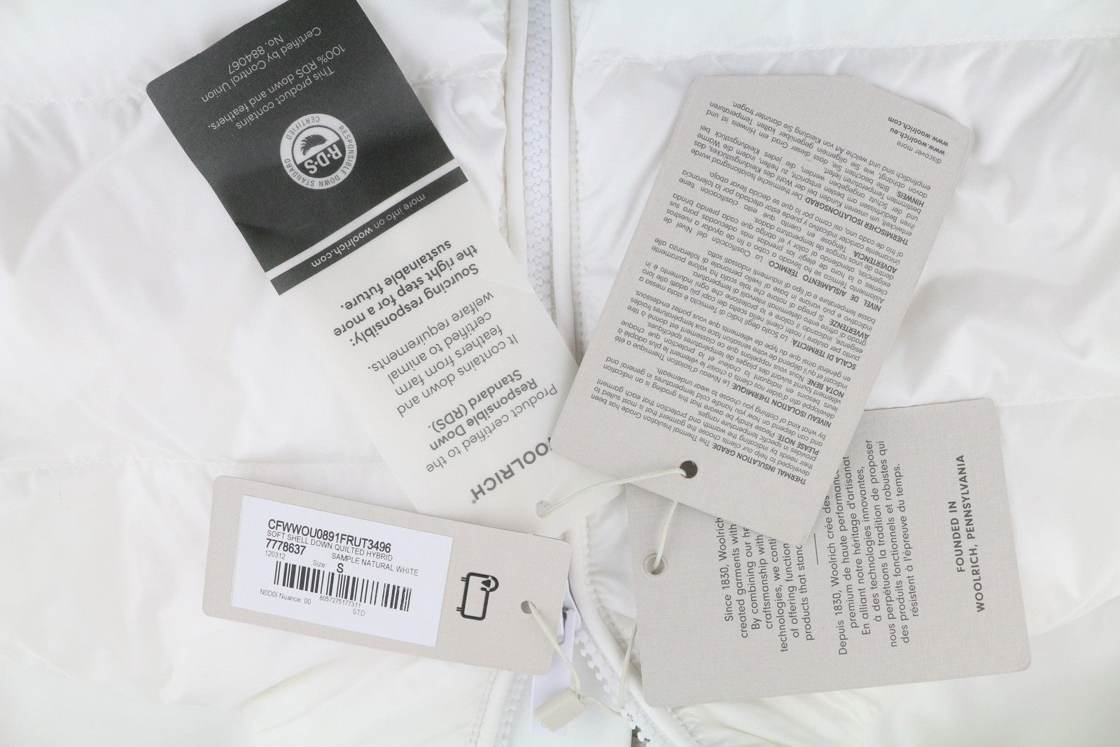 WOOLRICH minkšto apvalkalo pūkinė dygsniuota hibridinė moteriška striukė S, balta, su pūkų užpildu RRP520 