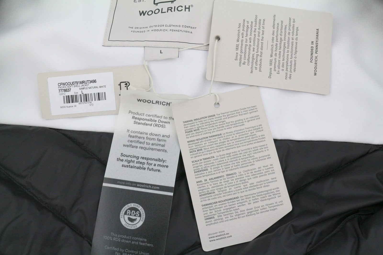 WOOLRICH Pacific Soft Shell vyriška striukė L, balta, pūkuota, vandeniui atspari RRP550 