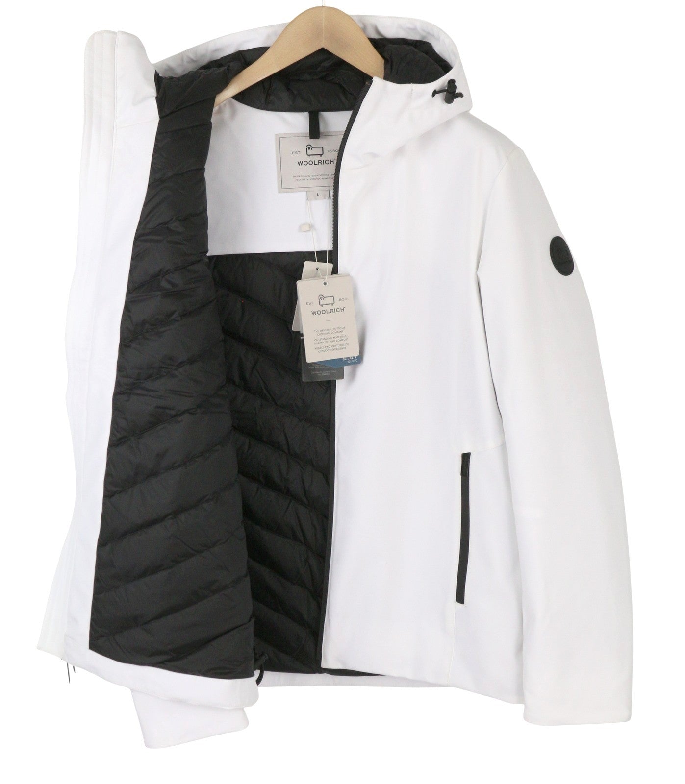 WOOLRICH Pacific Soft Shell vyriška striukė L, balta, pūkuota, vandeniui atspari RRP550 