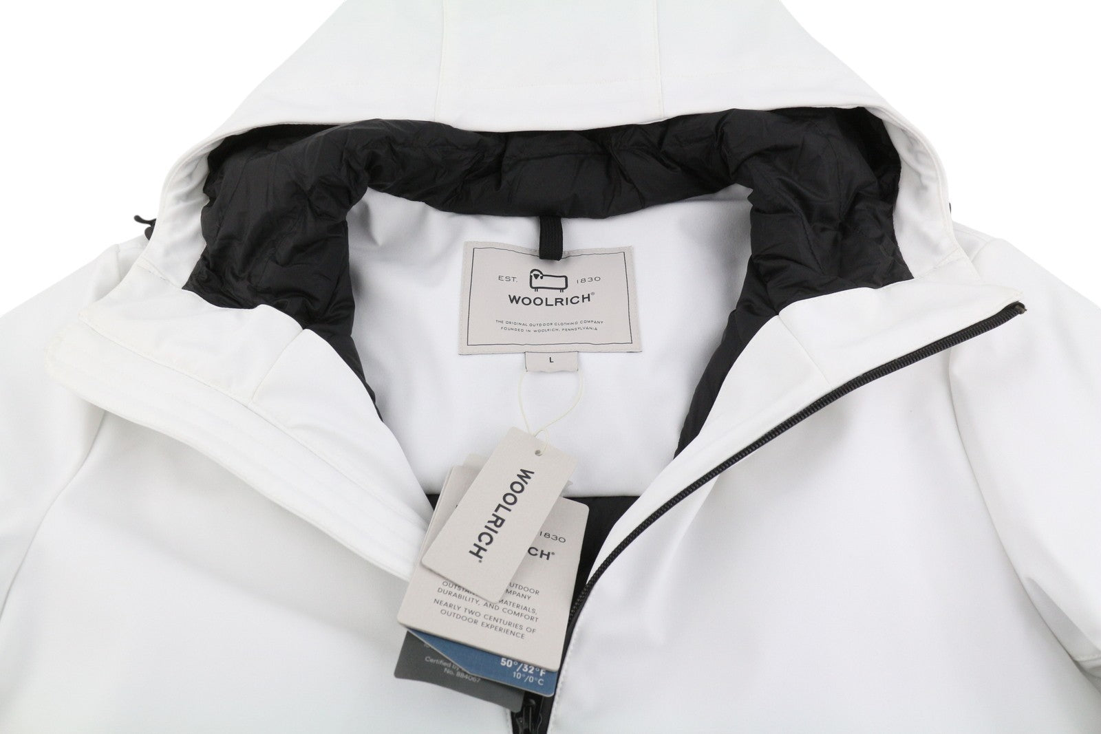 WOOLRICH Pacific Soft Shell vyriška striukė L, balta, pūkuota, vandeniui atspari RRP550 