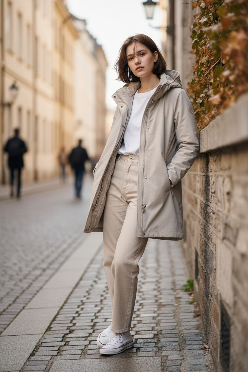 WOOLRICH Firth pūkinė moteriška striukė su gobtuvu, šviesiai pilka, vidutinio ilgio, RRP680 