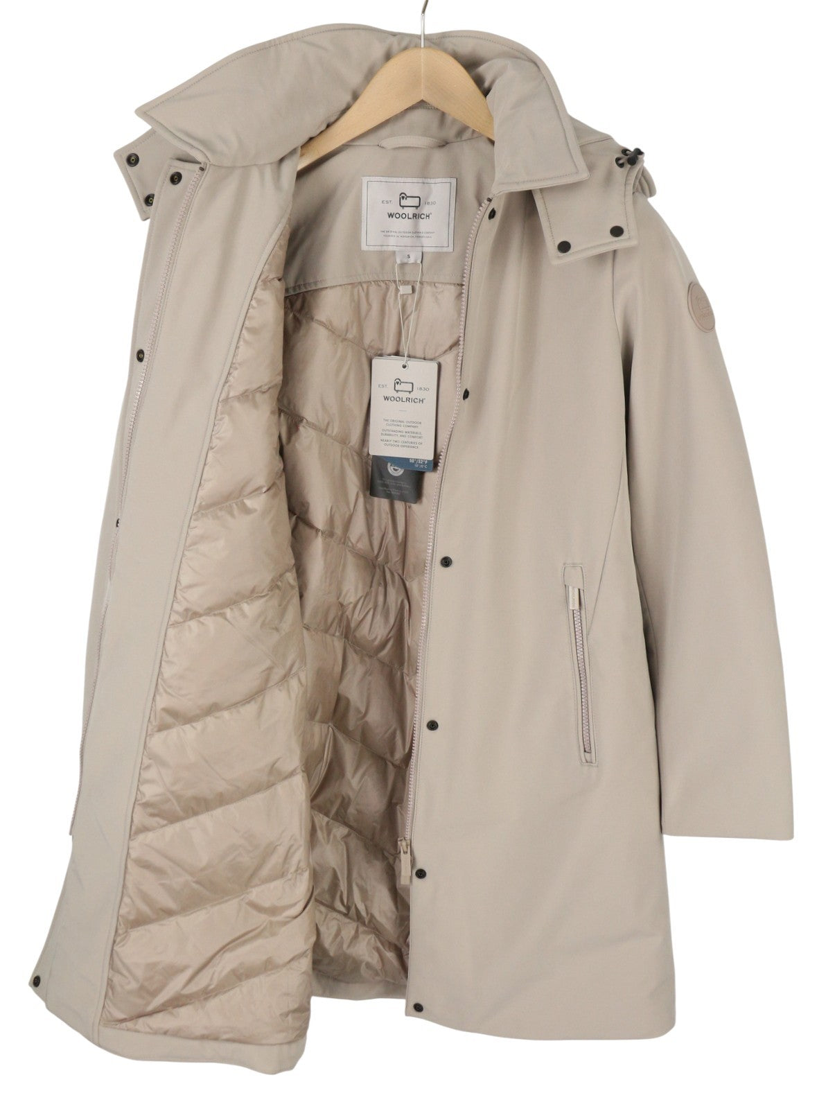 WOOLRICH Firth pūkinė moteriška striukė su gobtuvu, šviesiai pilka, vidutinio ilgio, RRP680 