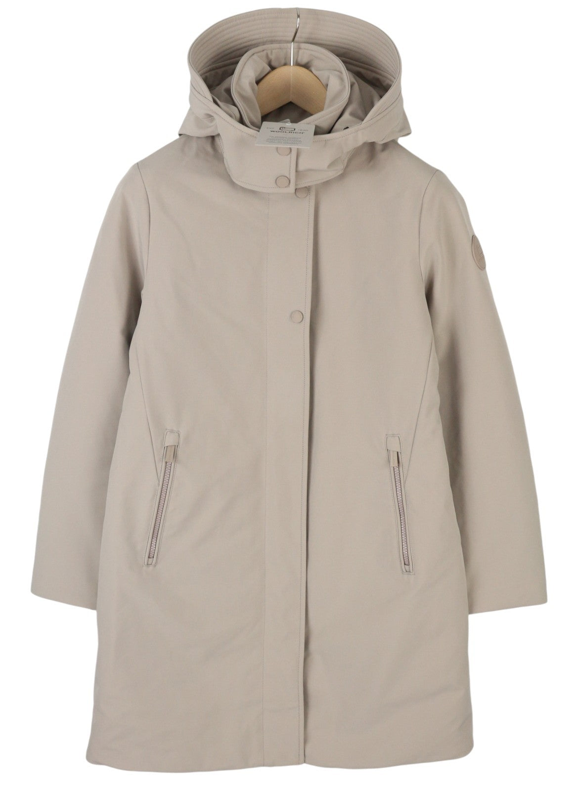 WOOLRICH Firth pūkinė moteriška striukė su gobtuvu, šviesiai pilka, vidutinio ilgio, RRP680 