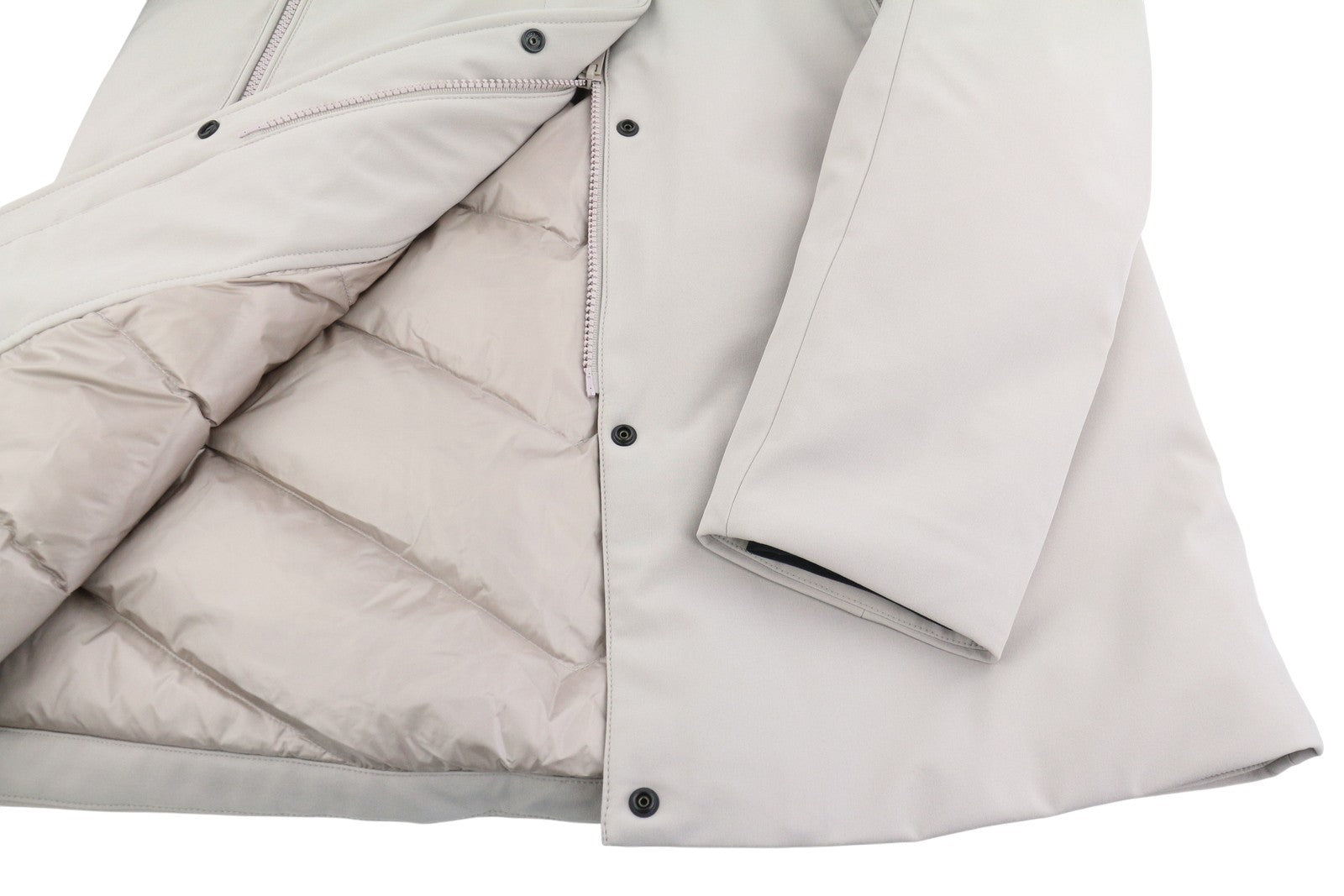 WOOLRICH Firth pūkinė moteriška striukė su gobtuvu, šviesiai pilka, vidutinio ilgio, RRP680 