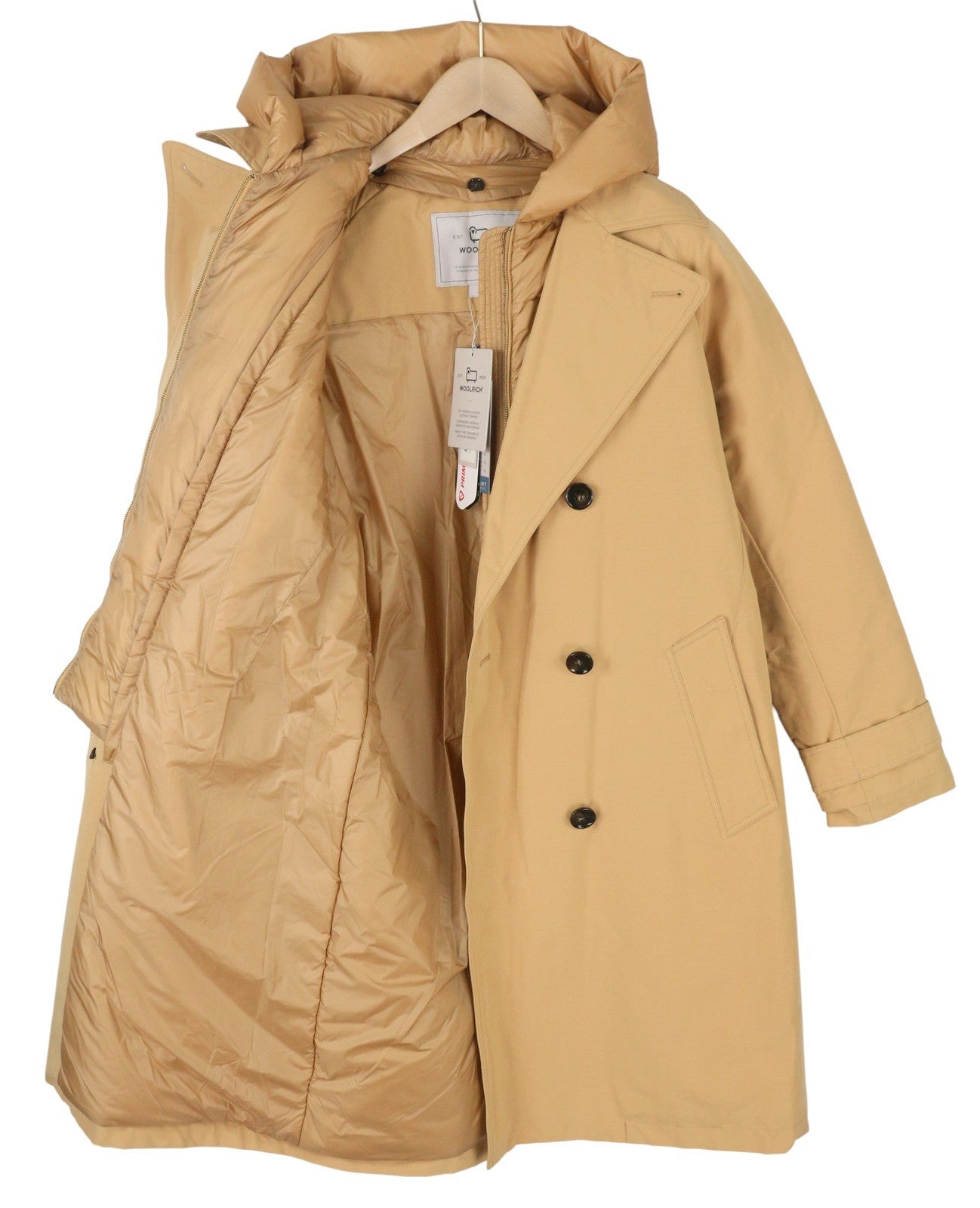 WOOLRICH dvieilis 2in1 moteriškas lietpaltis su gobtuvu S dydžio, smėlio spalvos, Primaloft PPR870 