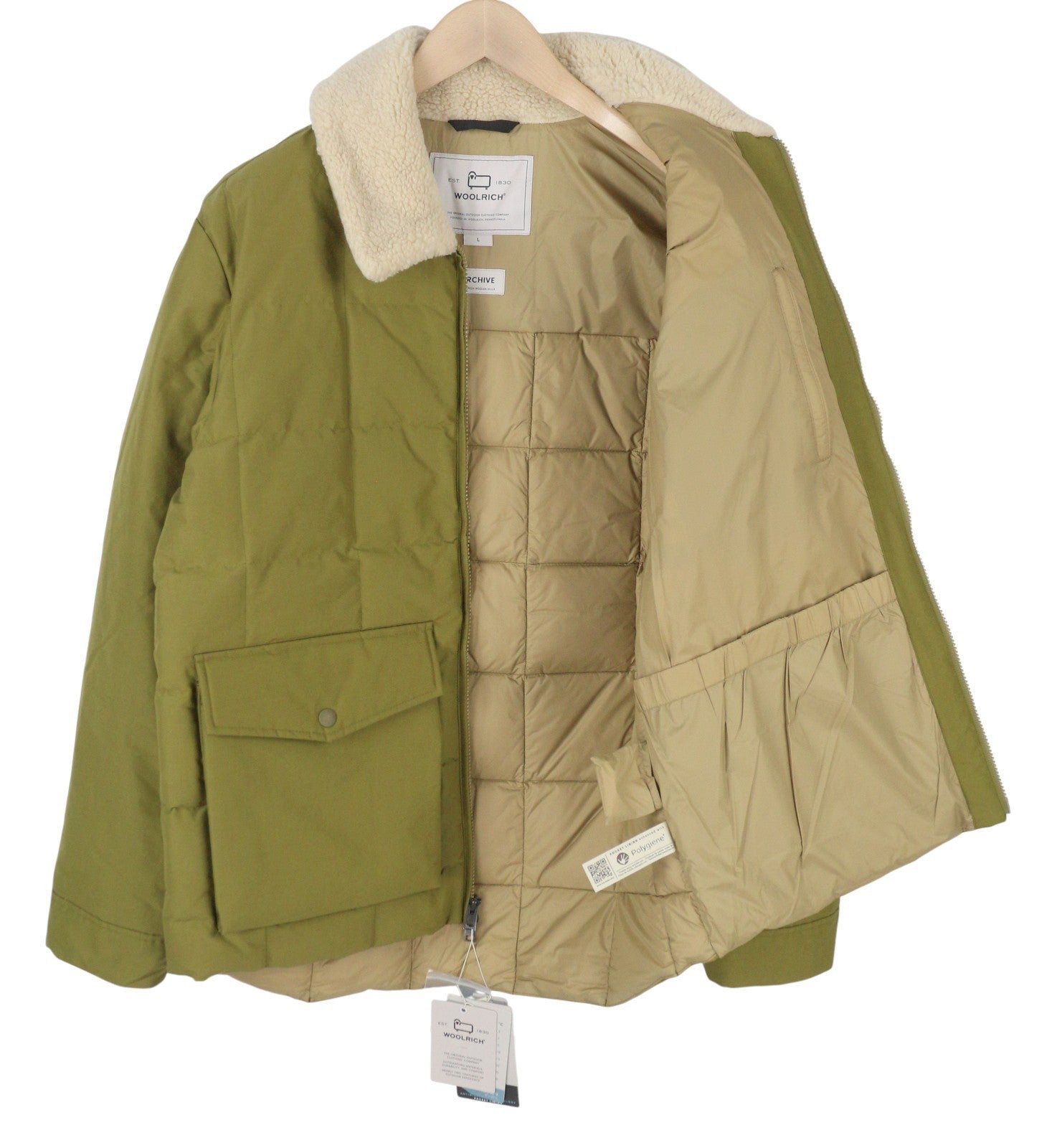 WOOLRICH Duster Blizzard vyriška striukė L, žalia, pūkuota, dygsniuota su šerpų audiniais, RRP595 