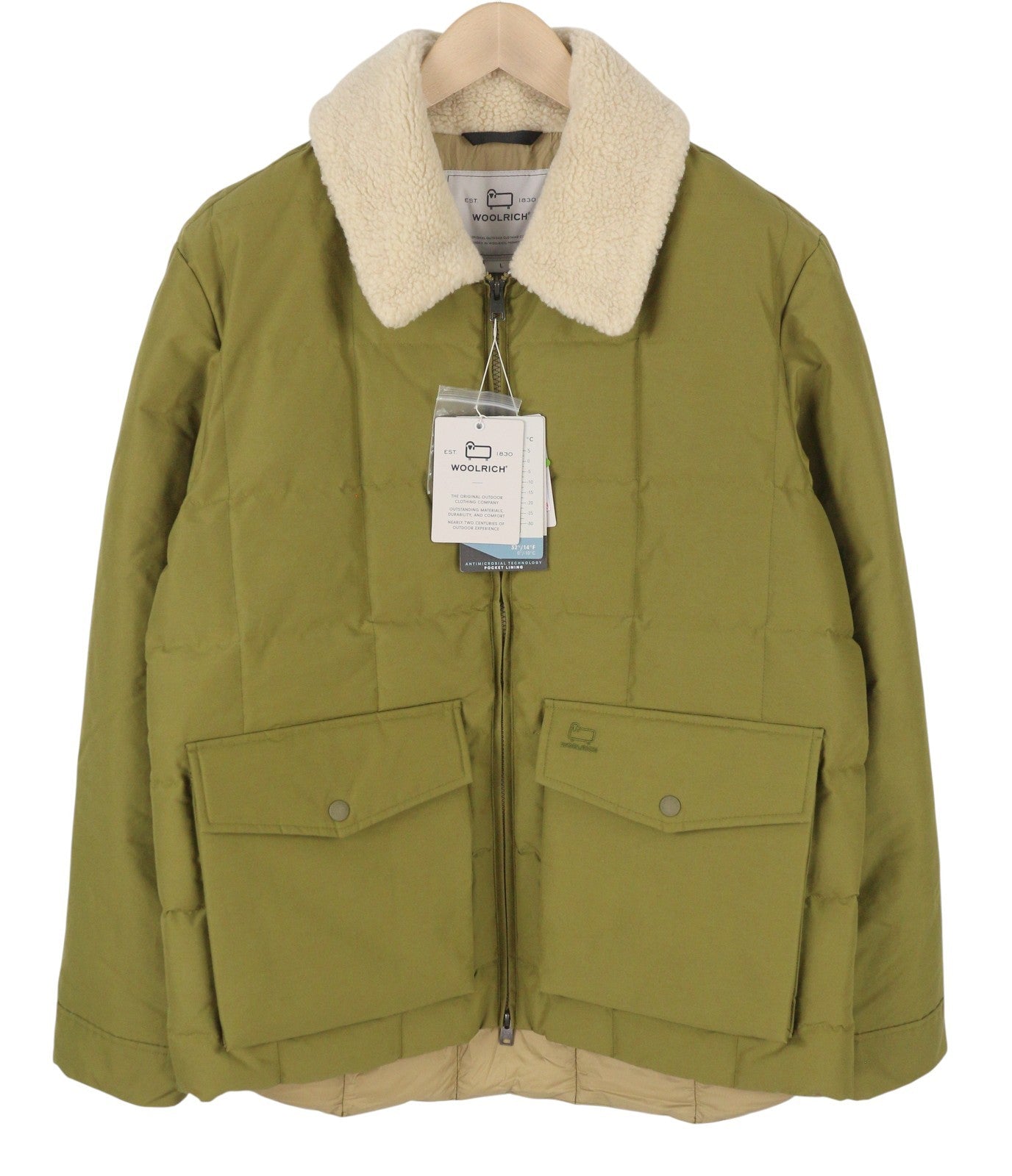 WOOLRICH Duster Blizzard vyriška striukė L, žalia, pūkuota, dygsniuota su šerpų audiniais, RRP595 