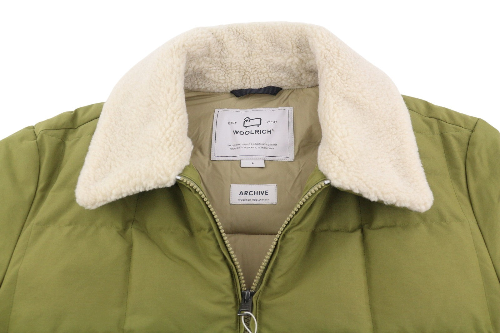 WOOLRICH Duster Blizzard vyriška striukė L, žalia, pūkuota, dygsniuota su šerpų audiniais, RRP595 
