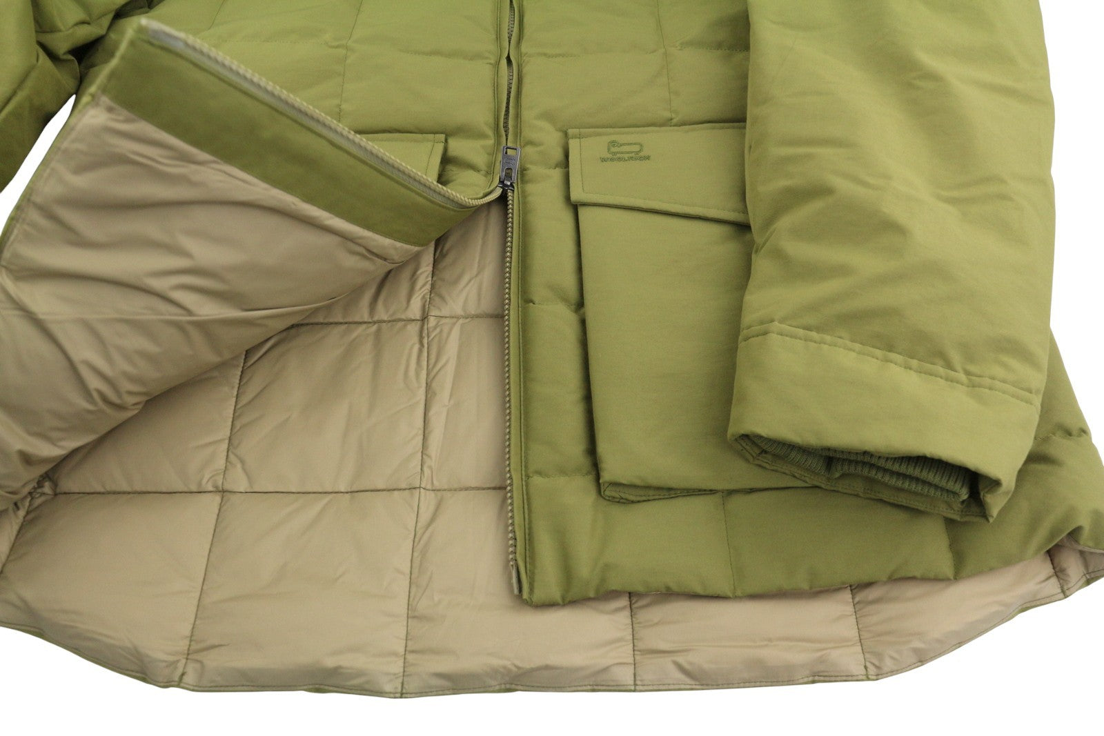 WOOLRICH Duster Blizzard vyriška striukė L, žalia, pūkuota, dygsniuota su šerpų audiniais, RRP595 