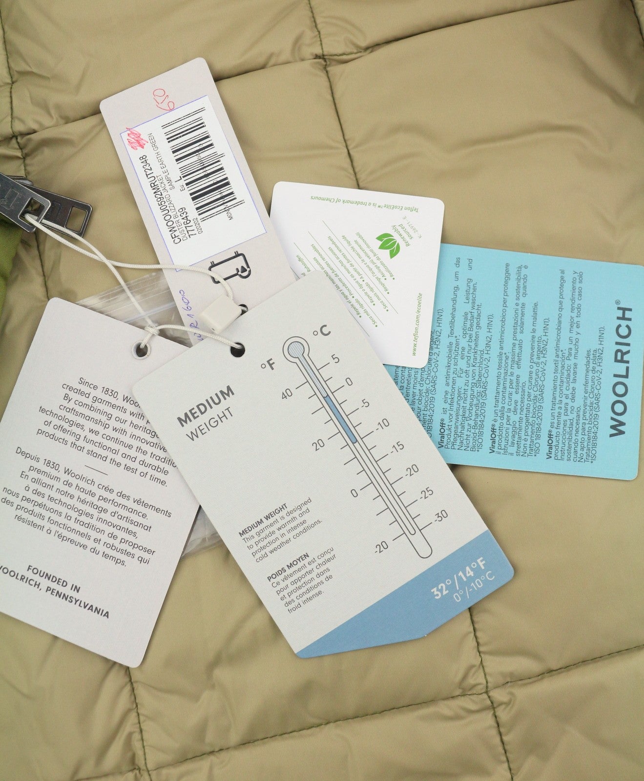 WOOLRICH Duster Blizzard vyriška striukė L, žalia, pūkuota, dygsniuota su šerpų audiniais, RRP595 