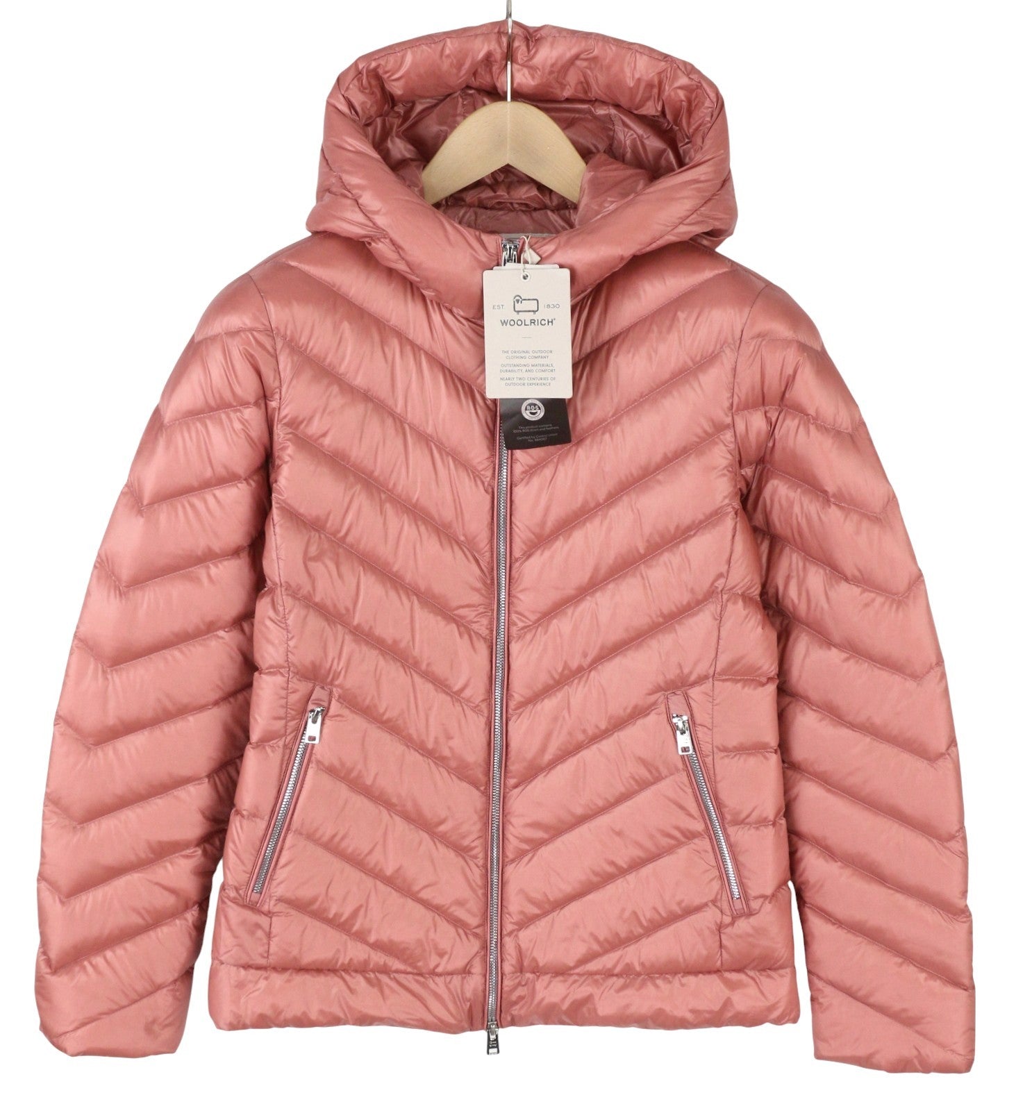 WOOLRICH Chevron dygsniuotas moteriškas švarkas su gobtuvu, rožinis, pūkuotas, RRP550 