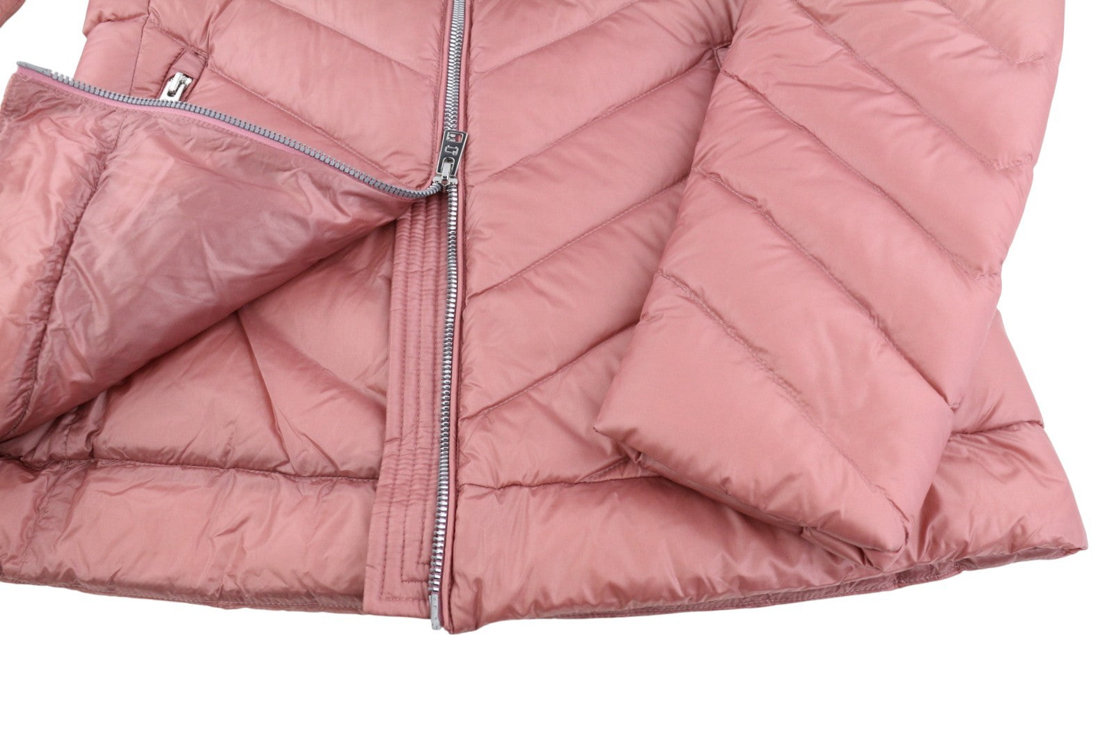 WOOLRICH Chevron dygsniuotas moteriškas švarkas su gobtuvu, rožinis, pūkuotas, RRP550 