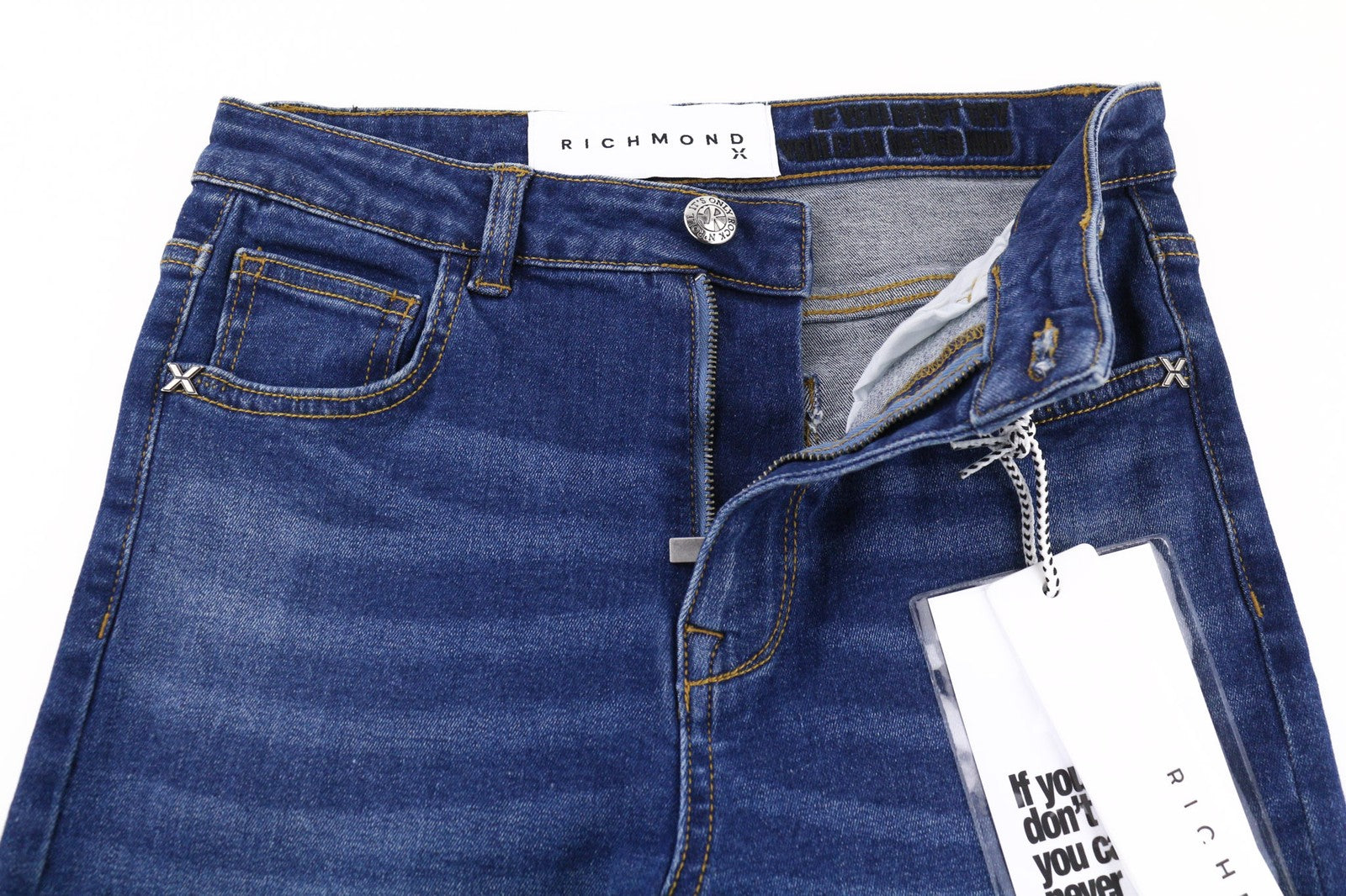 JOHN RICHMOND Women's Jeans W26 Flared Mid Blue Washed Denim Zip Fly Logo