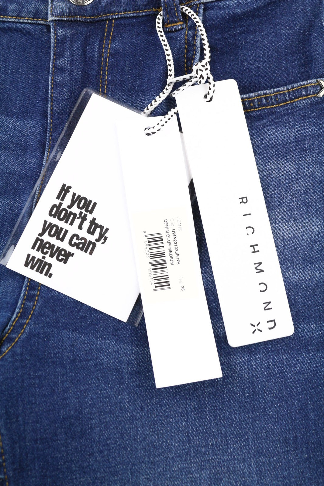 JOHN RICHMOND Women's Jeans W26 Flared Mid Blue Washed Denim Zip Fly Logo