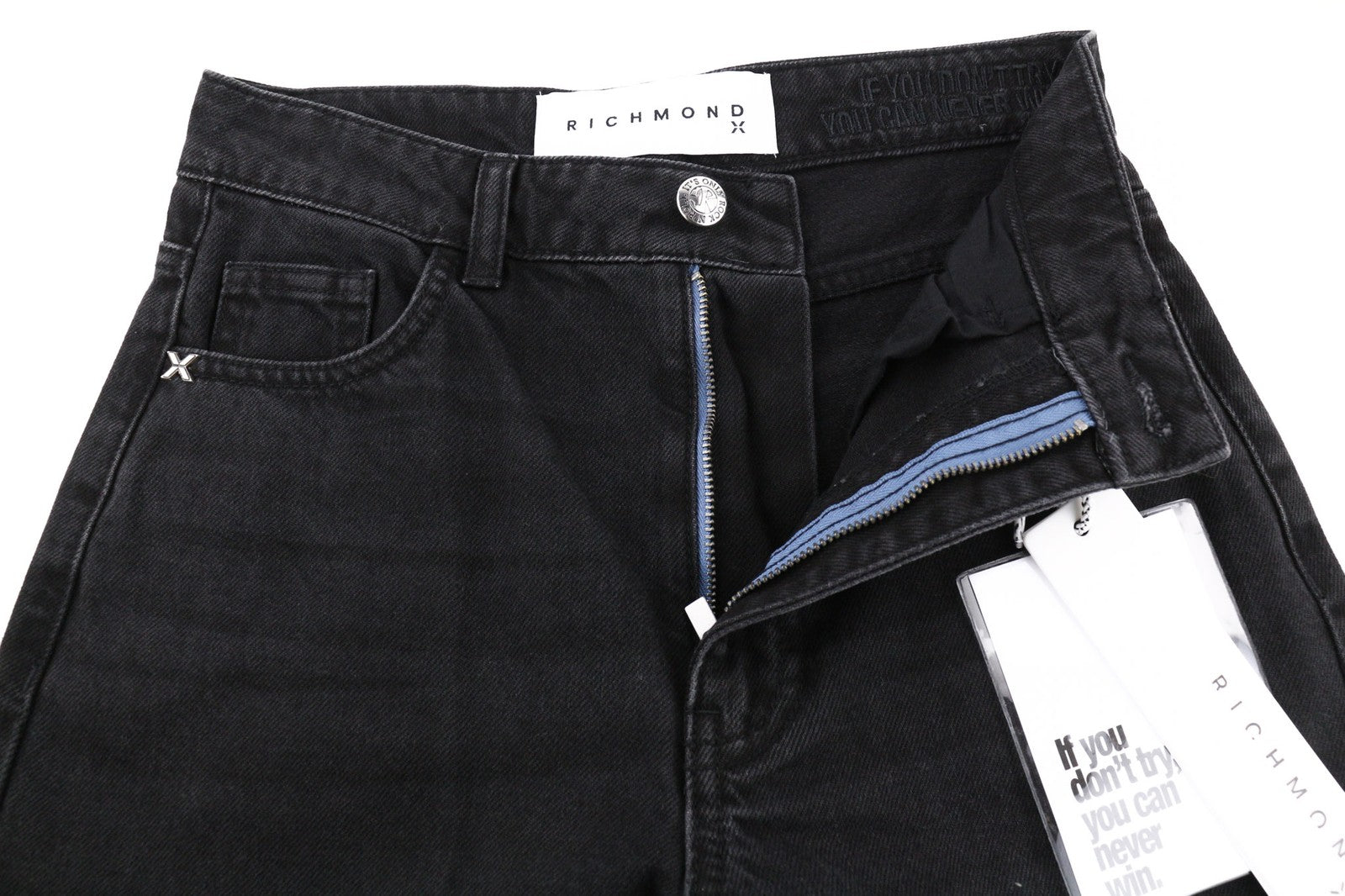 JOHN RICHMOND Icy Women's Jeans W26 Wide Leg High Waist Black Distressed Denim