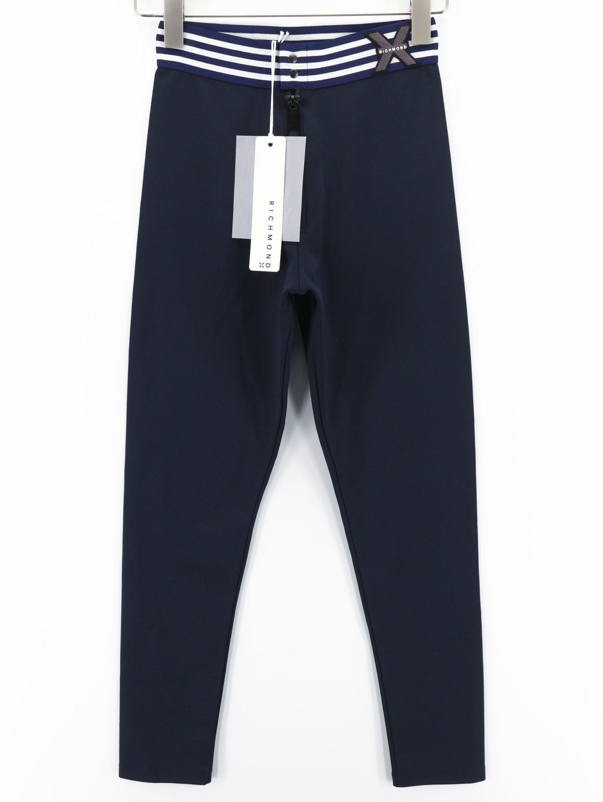 RICHMOND moteriškos tamprės S dydžio safyro mėlynos spalvos, tamprios, aukštu juosmeniu, užtrauktuku ir logotipu. 