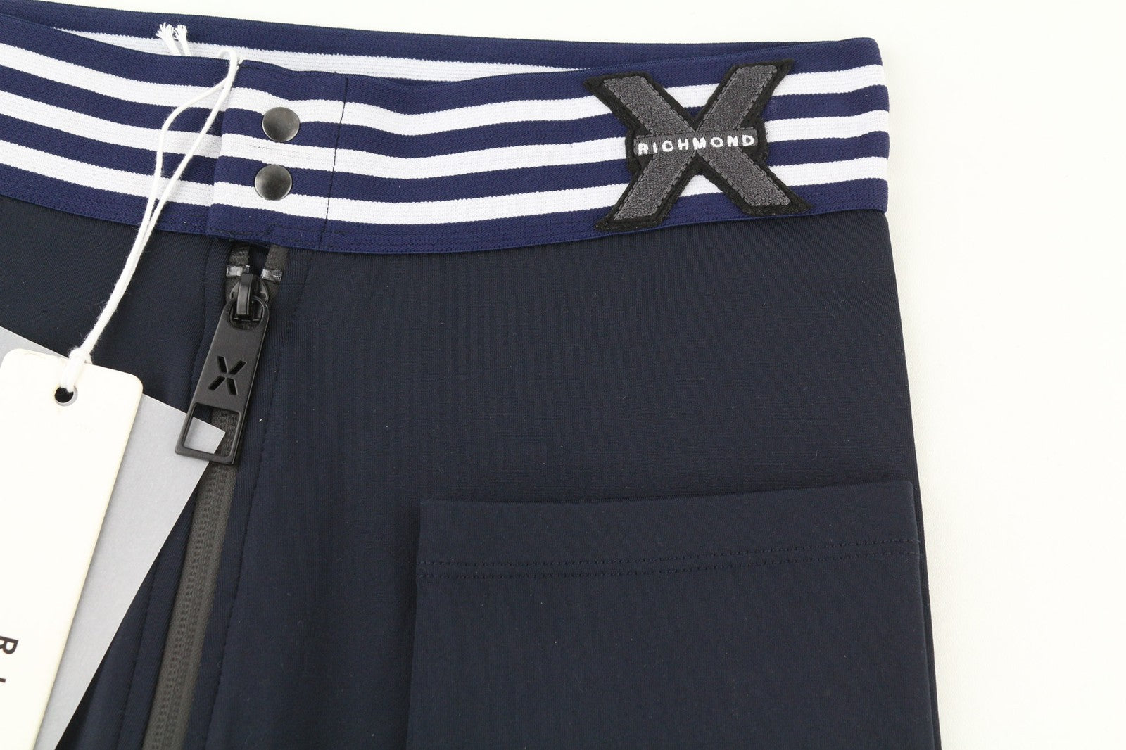 RICHMOND moteriškos tamprės S dydžio safyro mėlynos spalvos, tamprios, aukštu juosmeniu, užtrauktuku ir logotipu. 