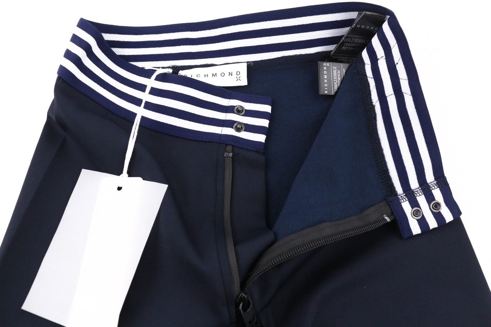 RICHMOND moteriškos tamprės S dydžio safyro mėlynos spalvos, tamprios, aukštu juosmeniu, užtrauktuku ir logotipu. 