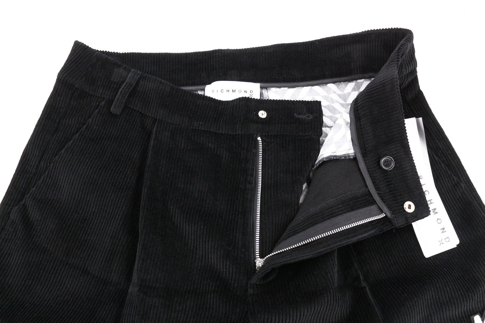 JOHN RICHMOND vyriškos juodos velveto tiesios kelnės su klostuotu užtrauktuku ir logotipu 
