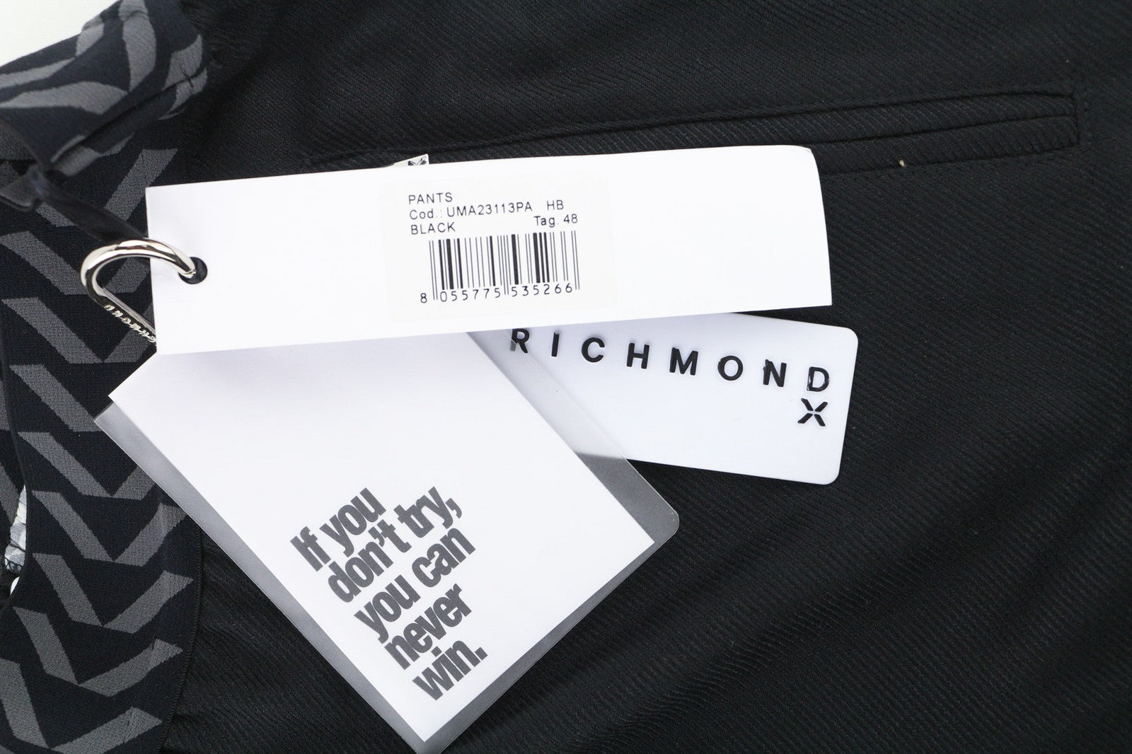 JOHN RICHMOND vyriškos kelnės M, juodos, plonos, laisvalaikio, vidutinio juosmens, su logotipu ir kišenėmis