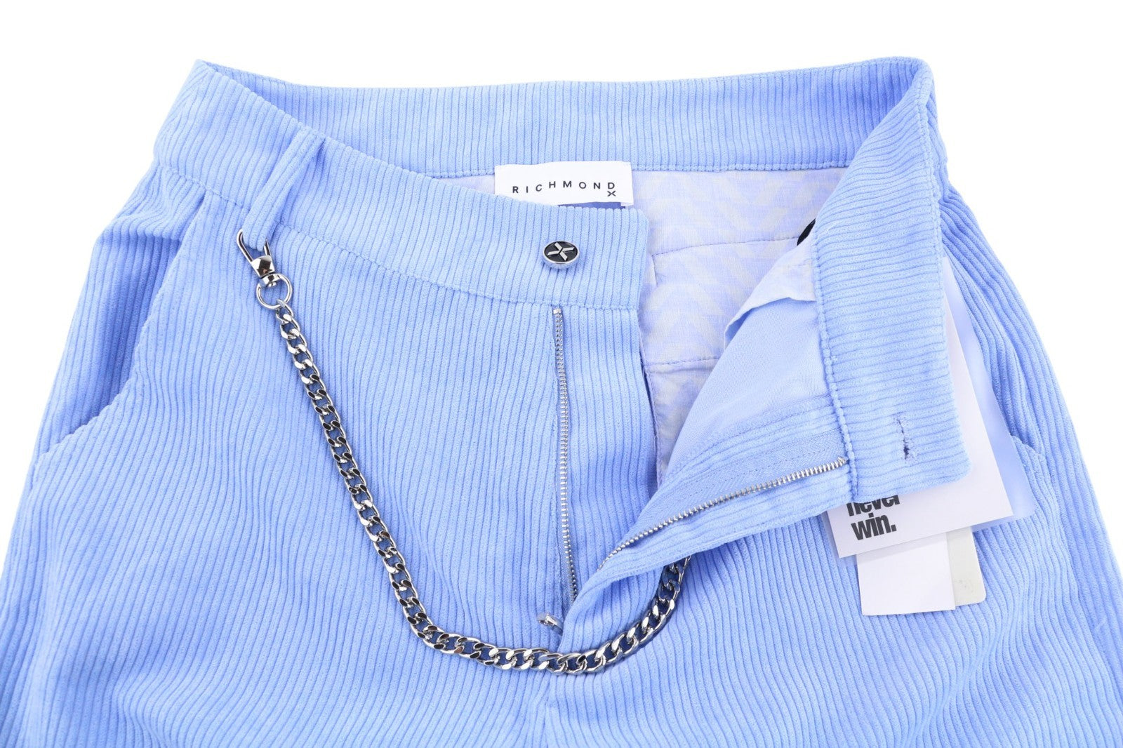 JOHN RICHMOND moteriškos kelnės S dydžio mėlynos velveto tiesios laisvalaikio stiliaus su metalinėmis detalėmis 