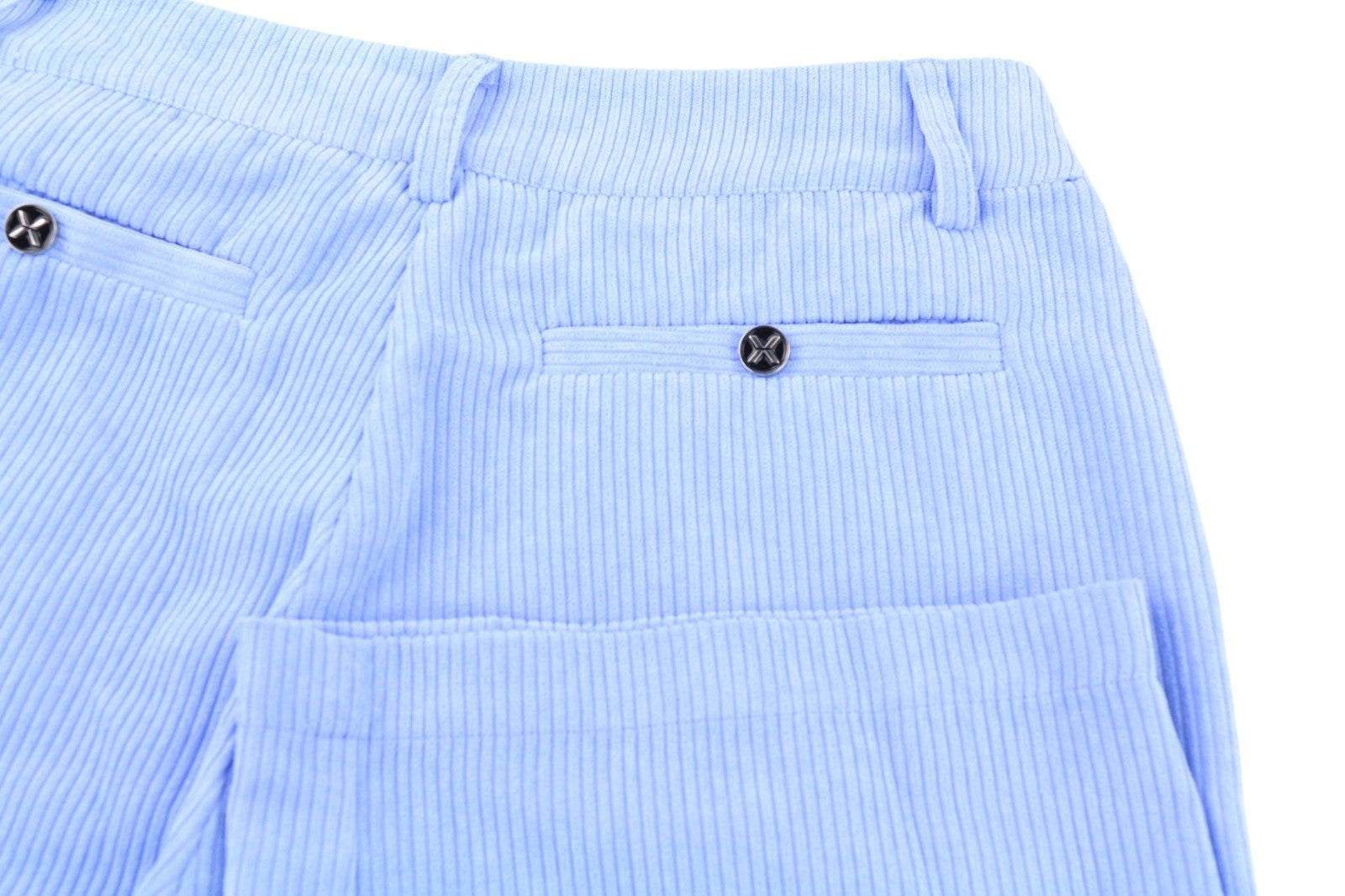 JOHN RICHMOND moteriškos kelnės S dydžio mėlynos velveto tiesios laisvalaikio stiliaus su metalinėmis detalėmis 