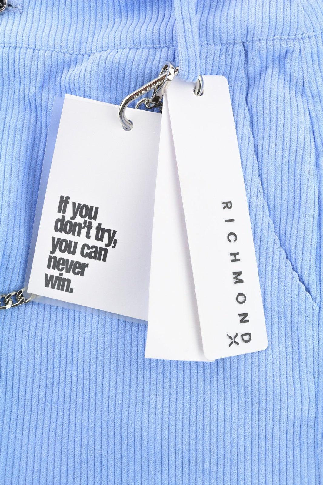 JOHN RICHMOND moteriškos kelnės S dydžio mėlynos velveto tiesios laisvalaikio stiliaus su metalinėmis detalėmis 