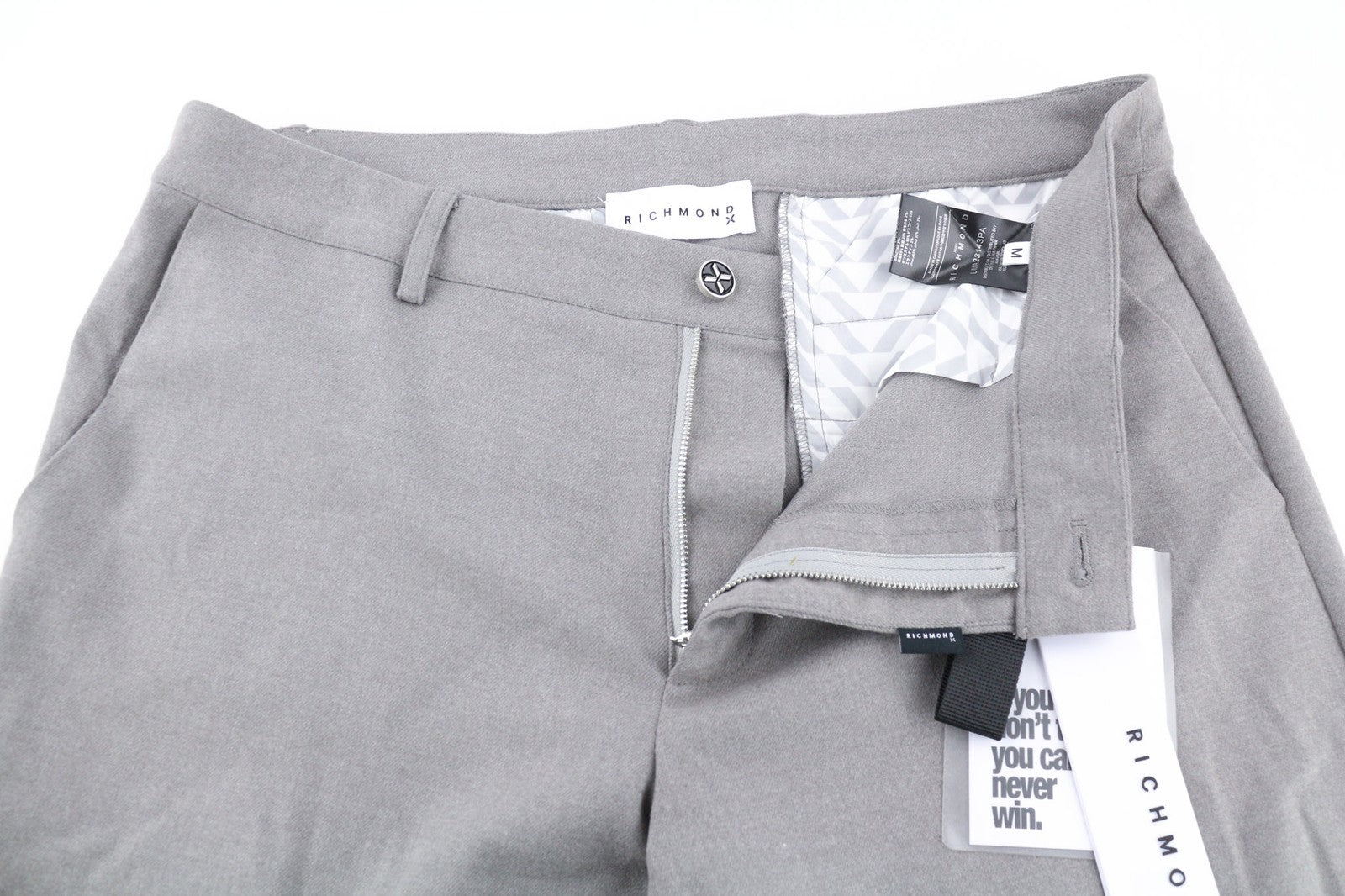 JOHN RICHMOND vyriškos kelnės M pilkos melanžo spalvos, priglundančios, su užtraukiamomis kišenėmis, laisvalaikio logotipu 