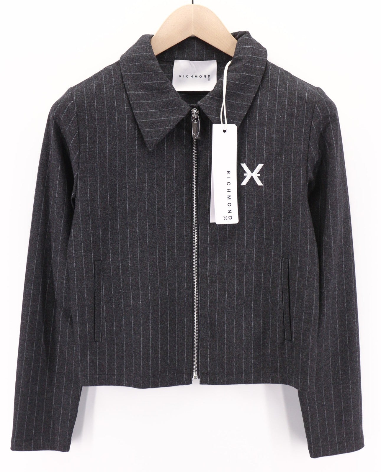 JOHN RICHMOND moteriškas kostiumas S, juodas melanžas, dryžuotas, vieneilis, dviejų dalių 