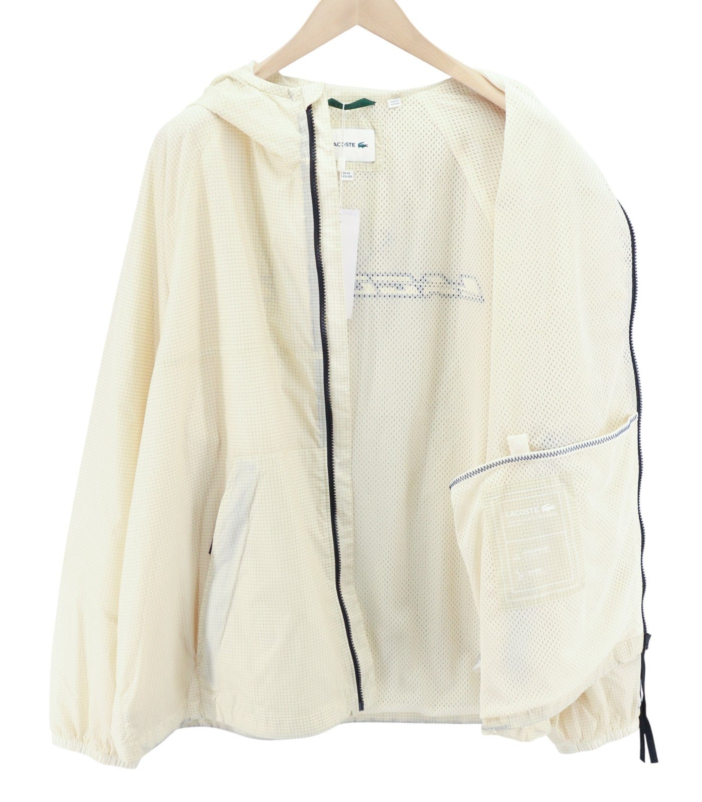 LACOSTE vyriška striukė XL/2XL smėlio spalvos su gobtuvu ir vandeniui atspariu languotu lengvu paltu 