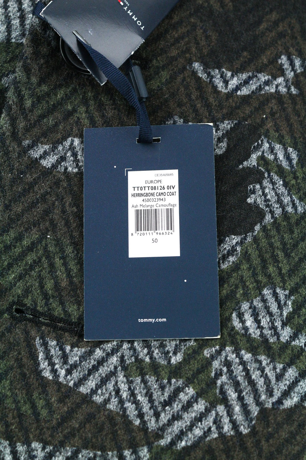 TOMMY HILFIGER vyriškas paltas ~M vilnos mišinio „Herringbone“ kamufliažinis vieneilis paltas 