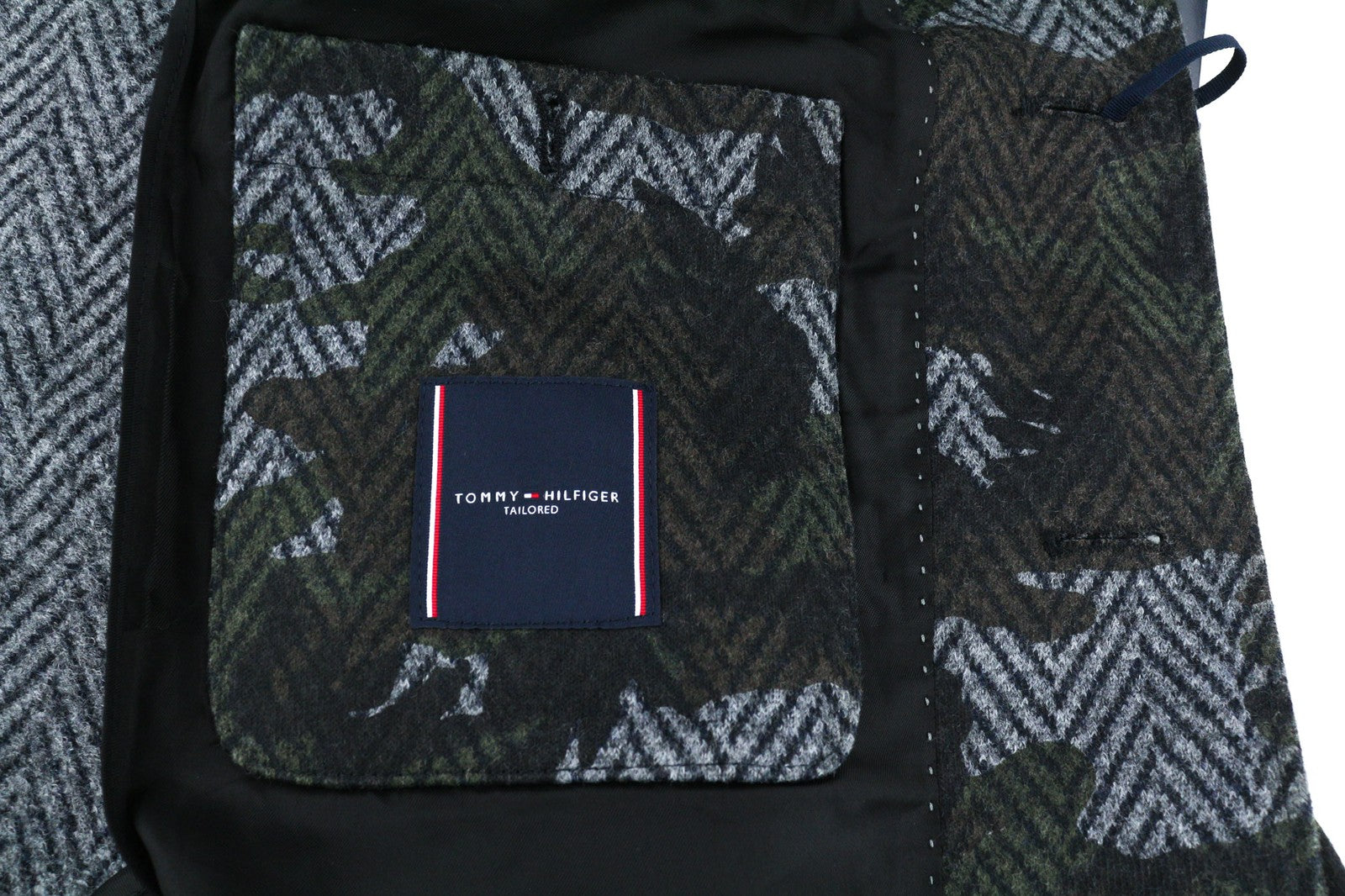 TOMMY HILFIGER vyriškas paltas ~M vilnos mišinio „Herringbone“ kamufliažinis vieneilis paltas 