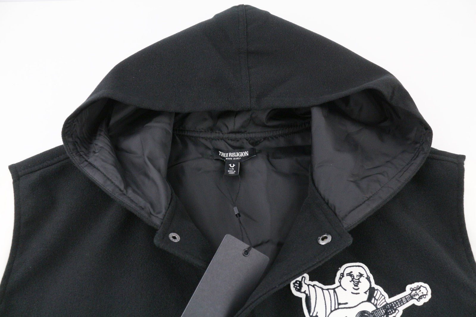 TRUE RELIGION vyriška striukė L, juoda, su dviejų spalvų gobtuvu ir logotipu 