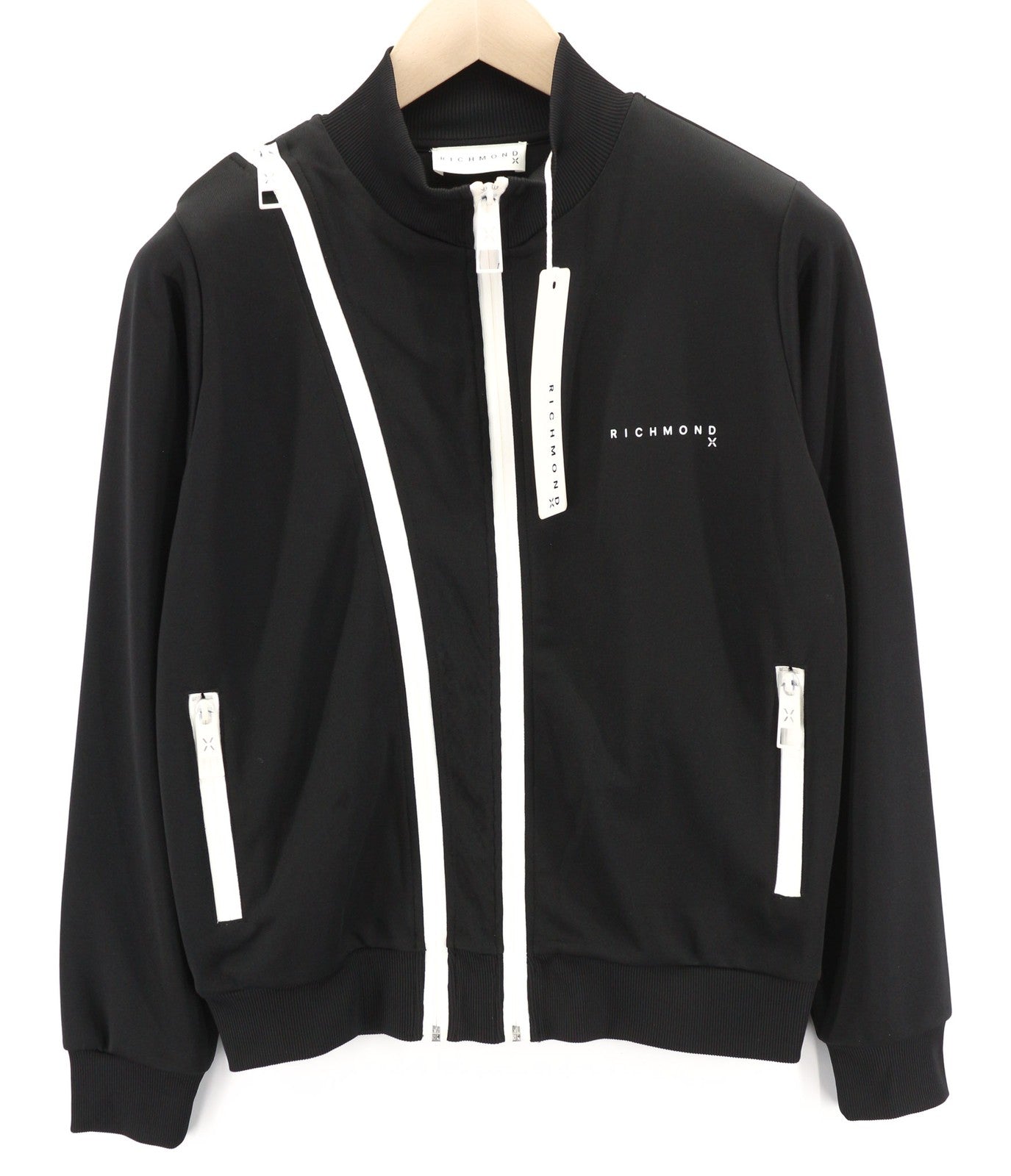 RICHMOND moteriškas džemperis su užtrauktuku ir juodu tinklelio raštu, aukšta apykakle ir kišenėmis. S dydžio. 