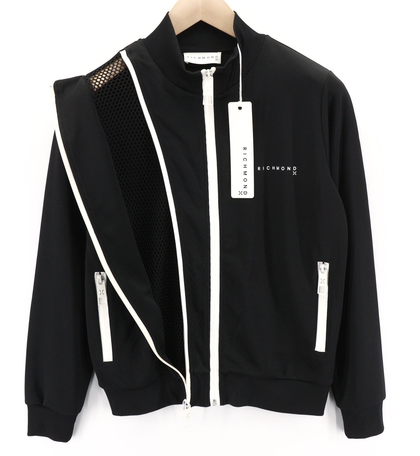 RICHMOND moteriškas džemperis su užtrauktuku ir juodu tinklelio raštu, aukšta apykakle ir kišenėmis. S dydžio. 