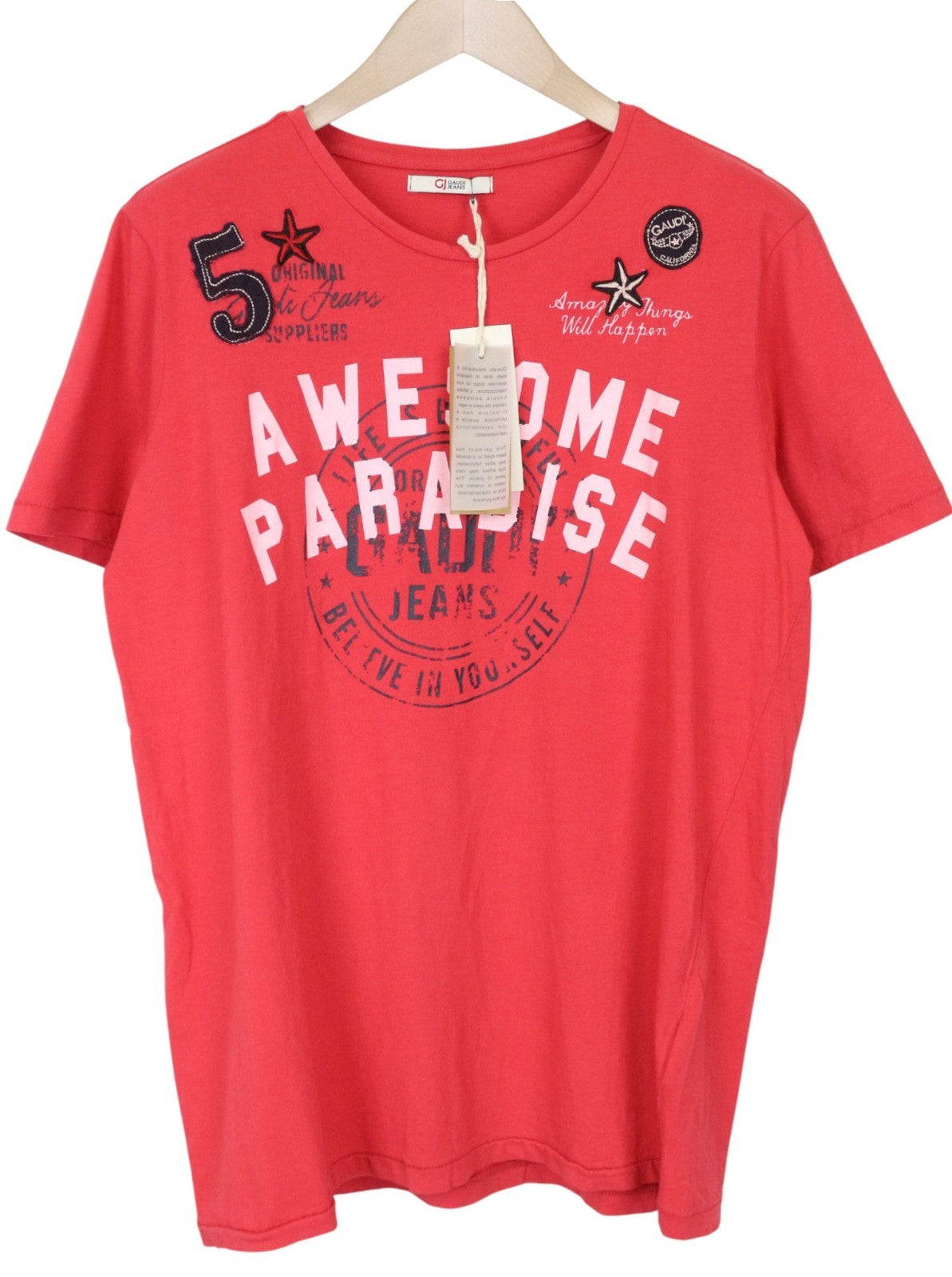 GAUDI JEANS M Men T-Shirt Red Short Sleeve Casual Pure Cotton Pullover