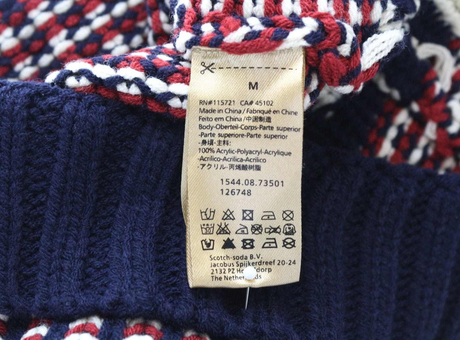 SCOTCH SHRUNK Boys Hat M Blue Red Pattern Knit Beanie Pom Pom Winter Cap