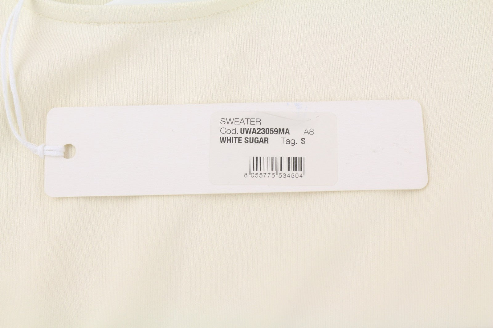 RICHMOND moteriškas dramblio kaulo spalvos megztinis S formos trumpintas su imitacine apykakle ir metaliniu logotipu