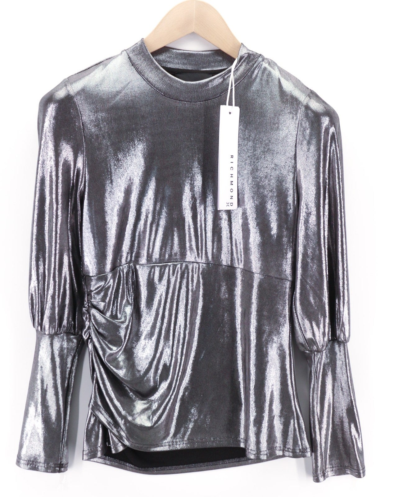 JOHN RICHMOND Women's Sweatshirt S Pullover Silver Shiny Long Sleeve Top