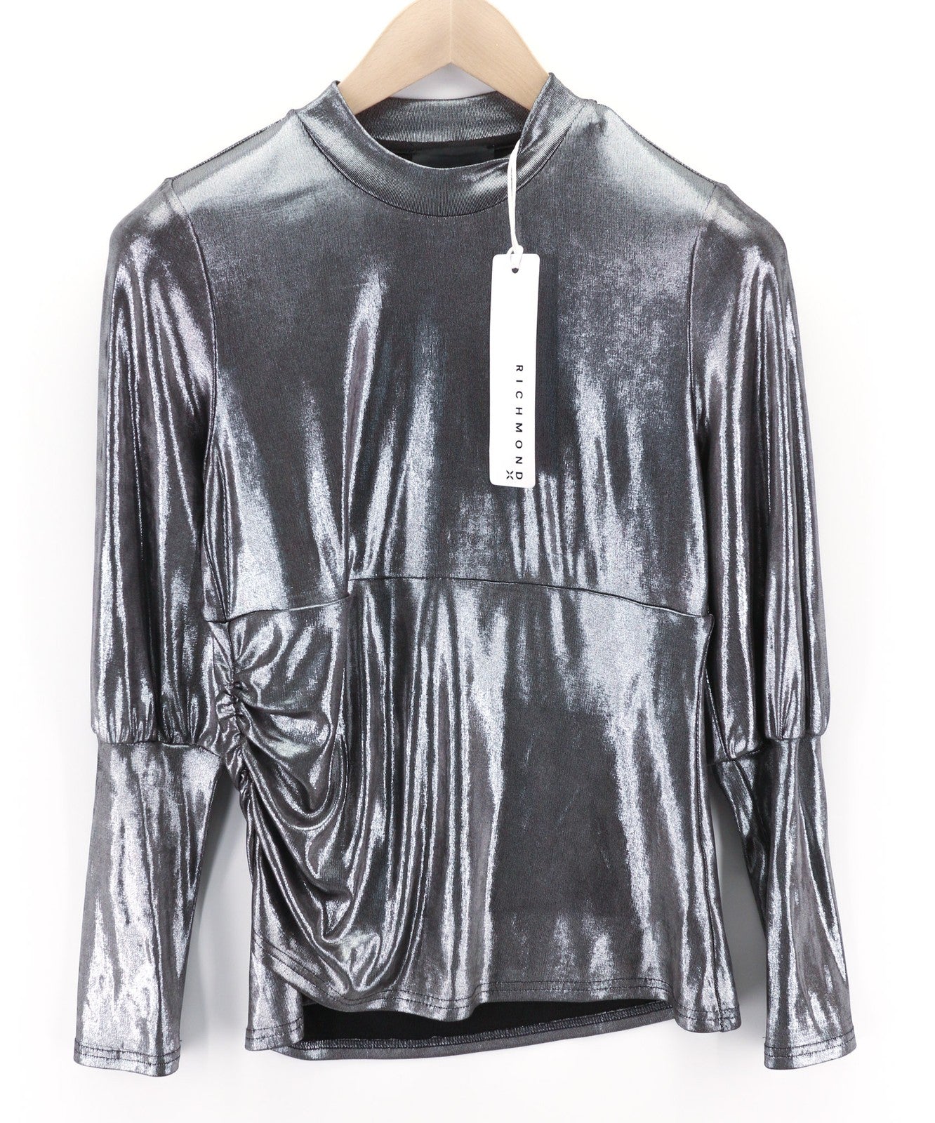 JOHN RICHMOND Women's Sweatshirt S Silver Shiny Round Neck Long Sleeve
