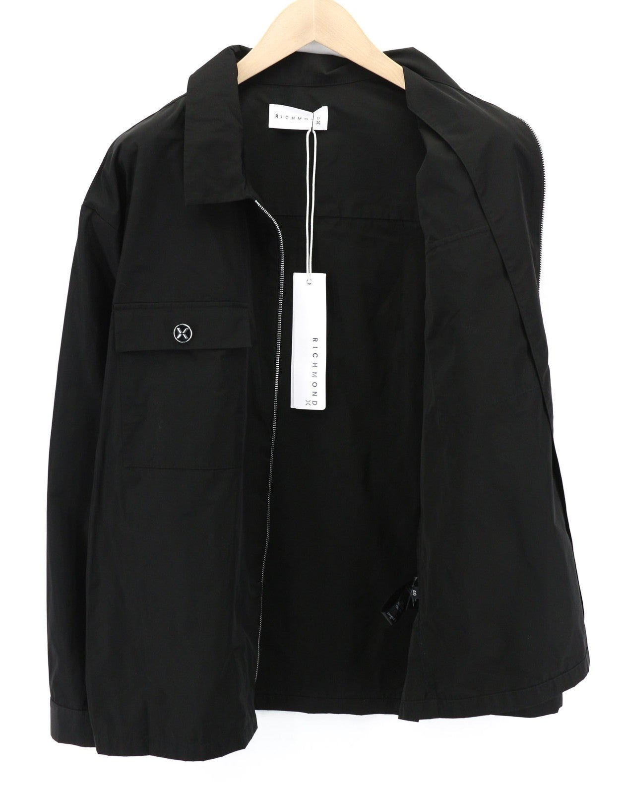 RICHMOND X vyriški marškinėliai su užtrauktuku, kišenėmis, ilgomis rankovėmis, apykakle ir sagomis, 40 dydžio juodi marškiniai su užtrauktuku ir kišenėmis. 
