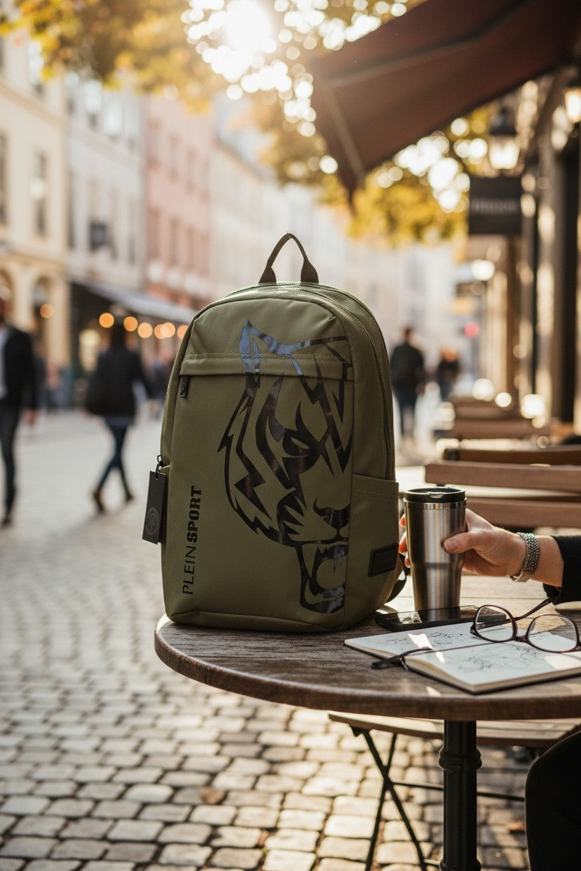 PHILIPP PLEIN vyriška kuprinė, vieno dydžio, „Philadelphia“ žalia, su užtrauktuku ir pamušalu. 