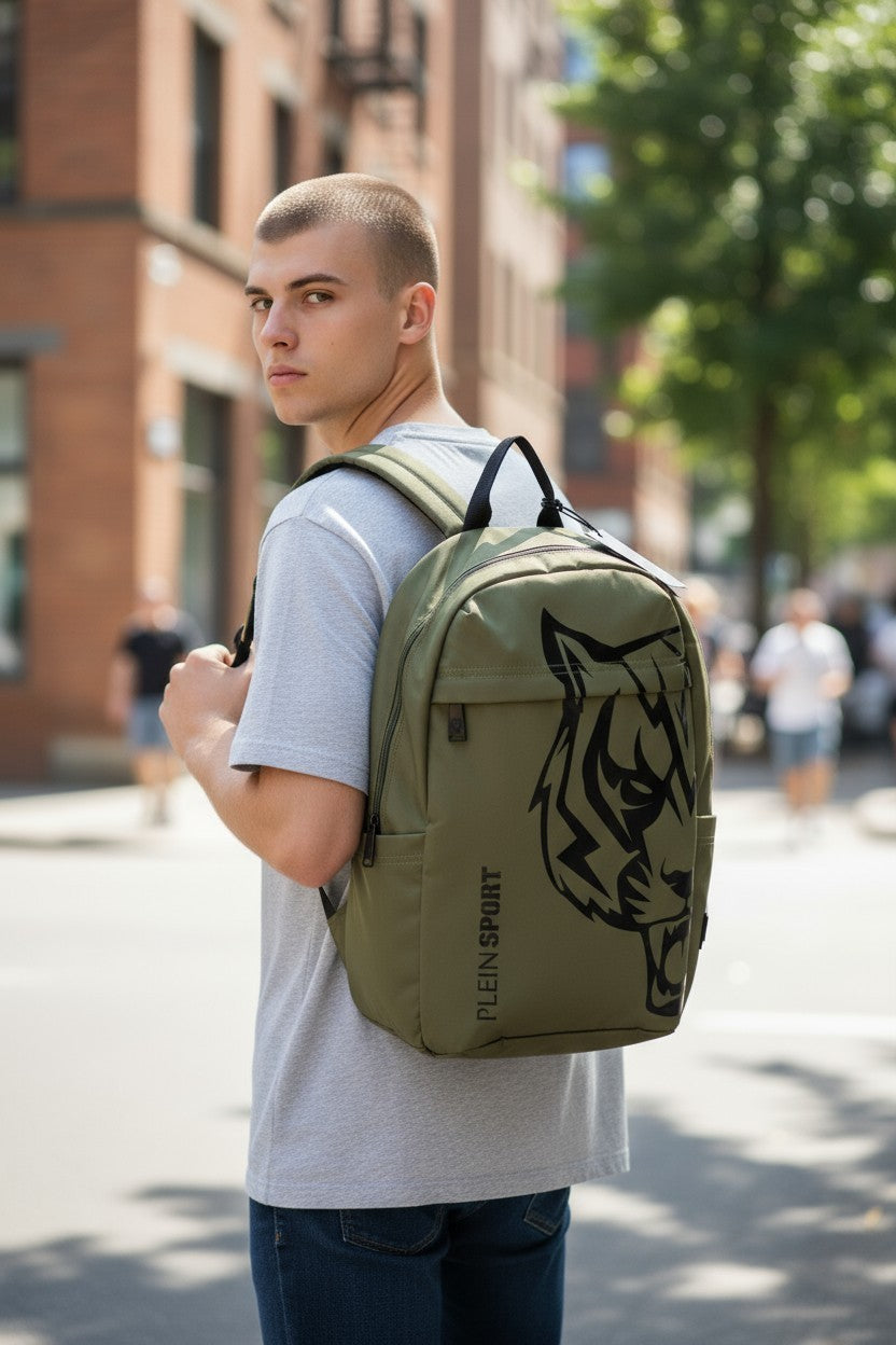 PHILIPP PLEIN vyriška kuprinė, vieno dydžio, „Philadelphia“ žalia, su užtrauktuku ir pamušalu. 